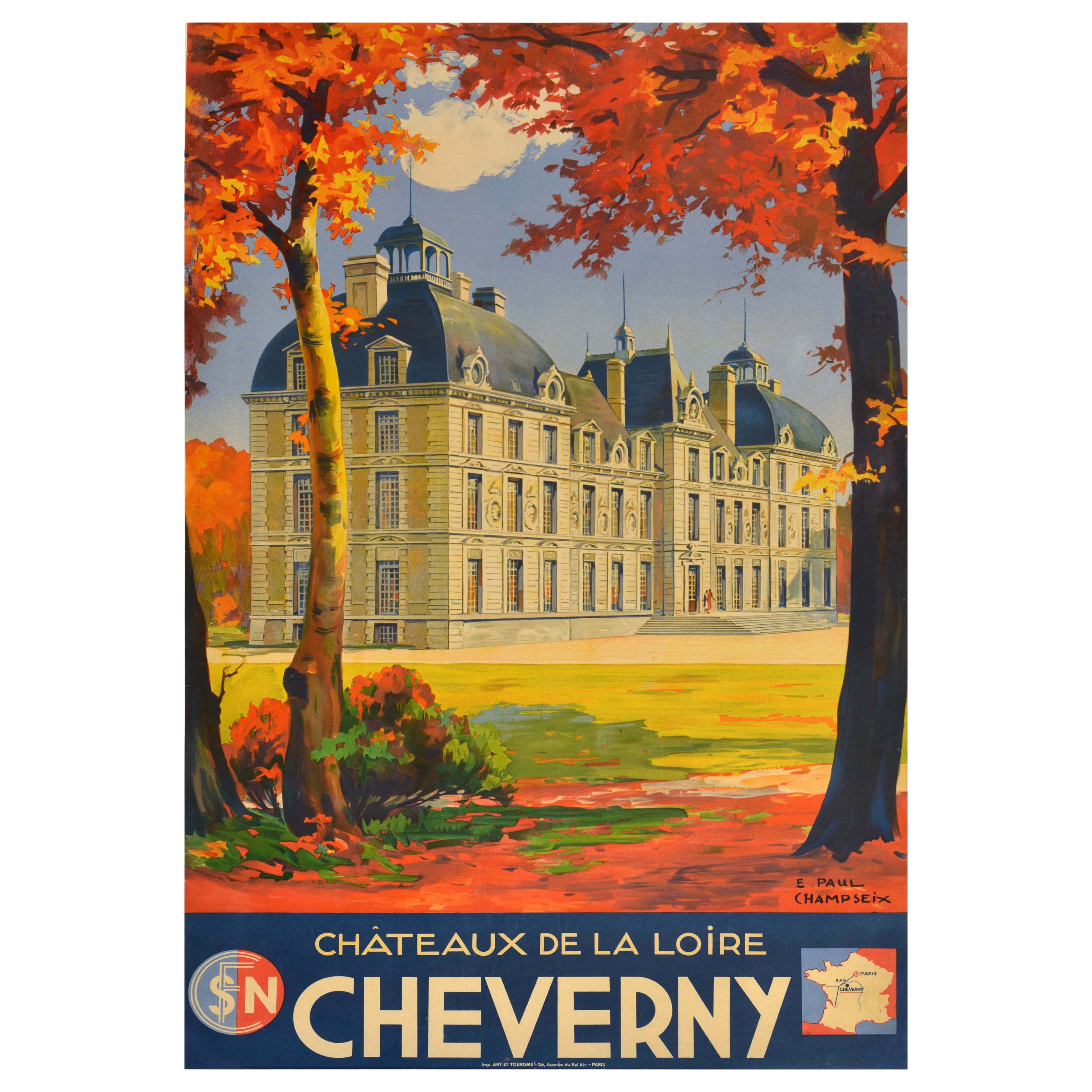 Original Vintage Zugfahrt Poster Cheverny Loire Tal Schlösser Frankreich SNCF