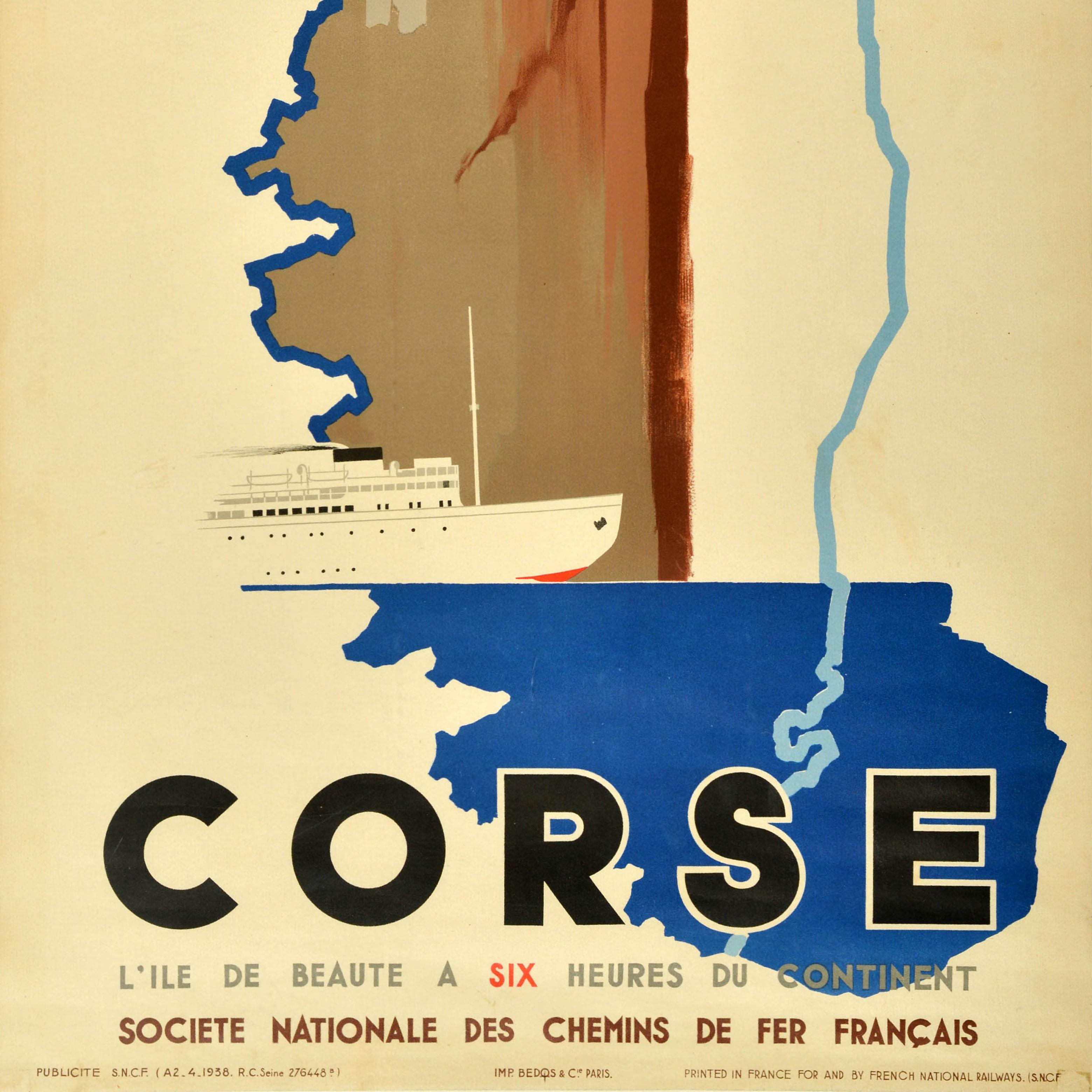 Milieu du XXe siècle Affiche rétro originale de voyage en train, Corsica Corse SNCF, Chemin de fer national français en vente