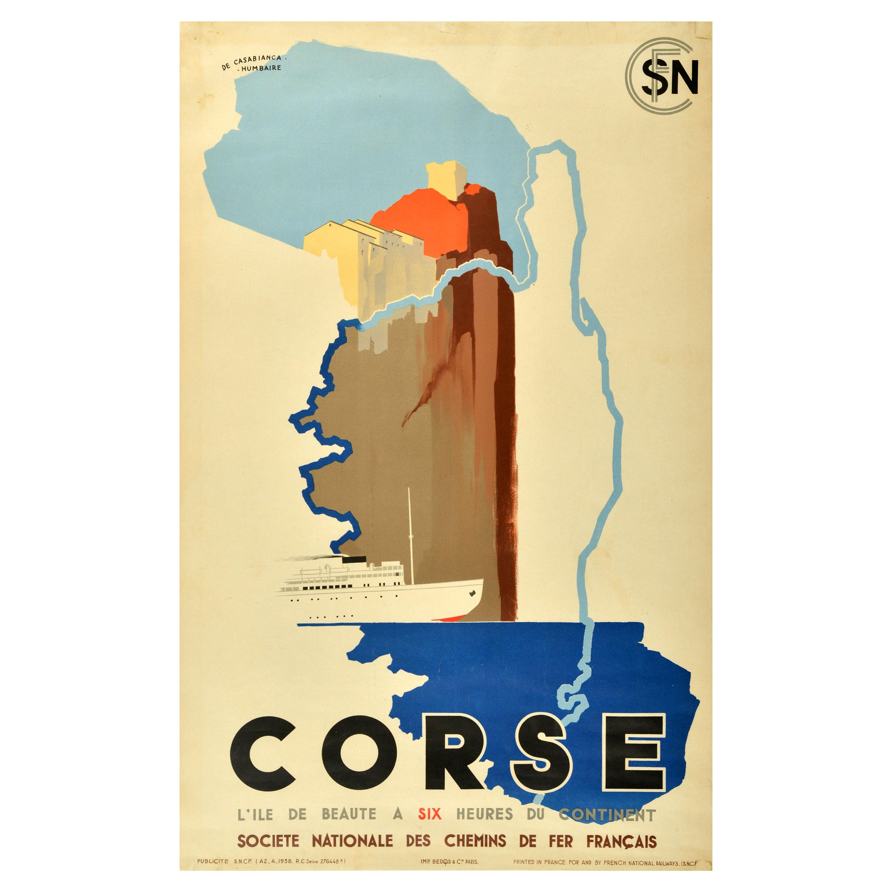 Póster de viaje en tren original de época Corsica Corse SNCF French National Railways