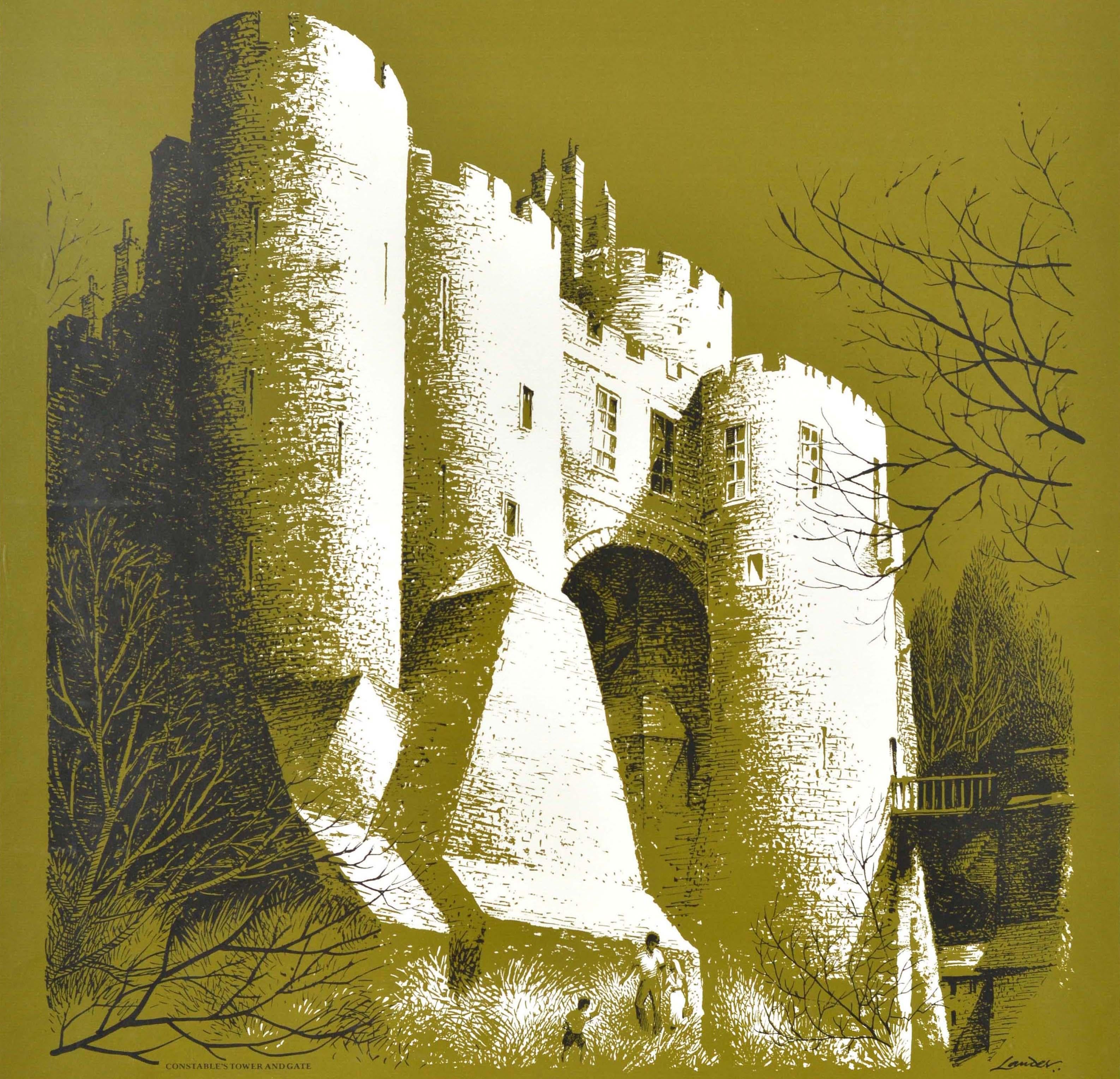 Original vintage train travel poster - Visit Dover Castle - featuring artwork by the notable commercial artist and poster designer Reginald Montague Lander (1913-1980) depicting a family walking around the historic Constable's Tower and Gate of the