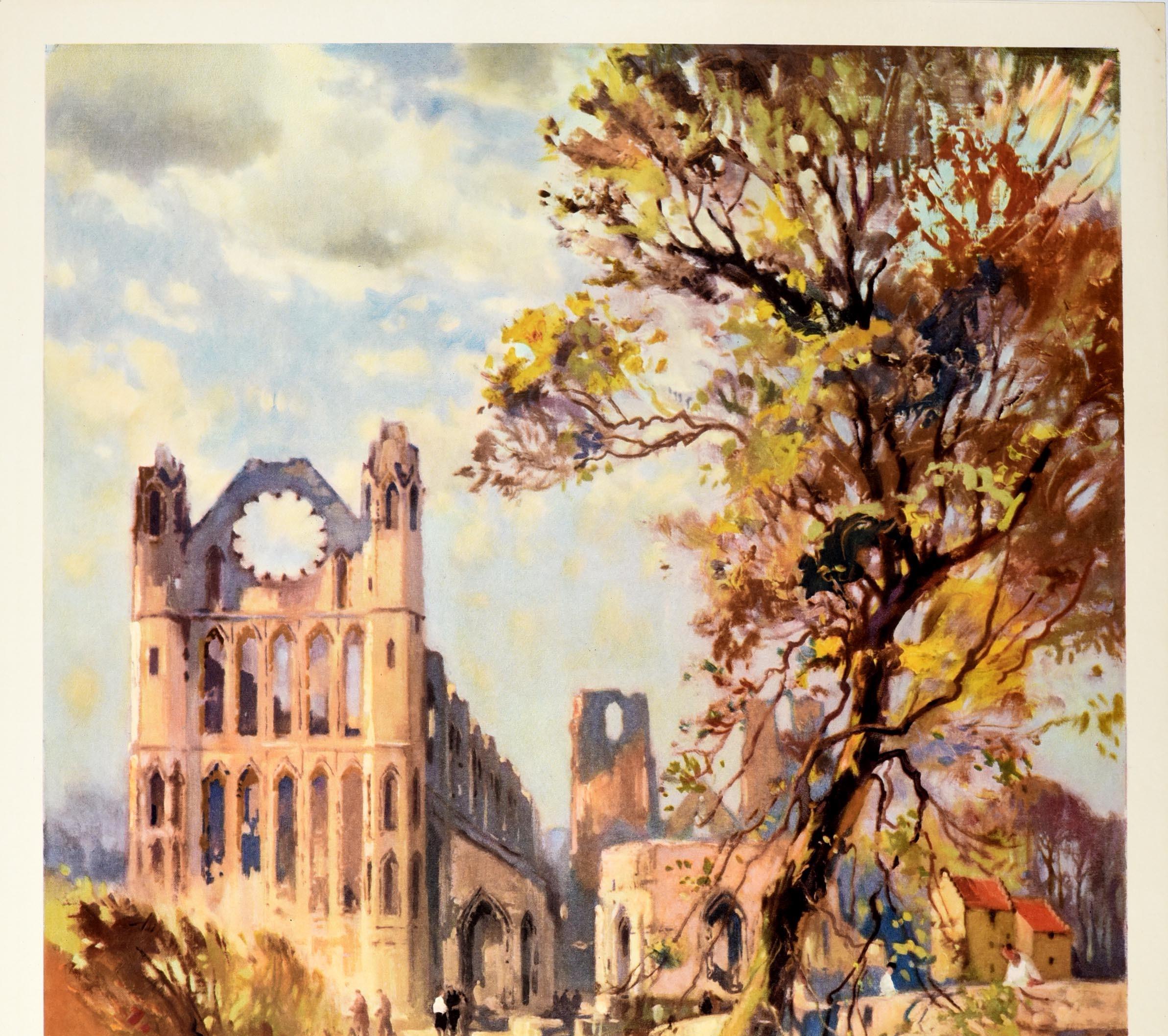 Original Vintage travel poster for Elgin Cathedral This famous old Cathedral in north east Scotland dates from 1224 A.D. See Scotland by Train British Railways. Great artwork by Jack Merriott (1901-1968) of the historic Elgin Cathedral ruins viewed