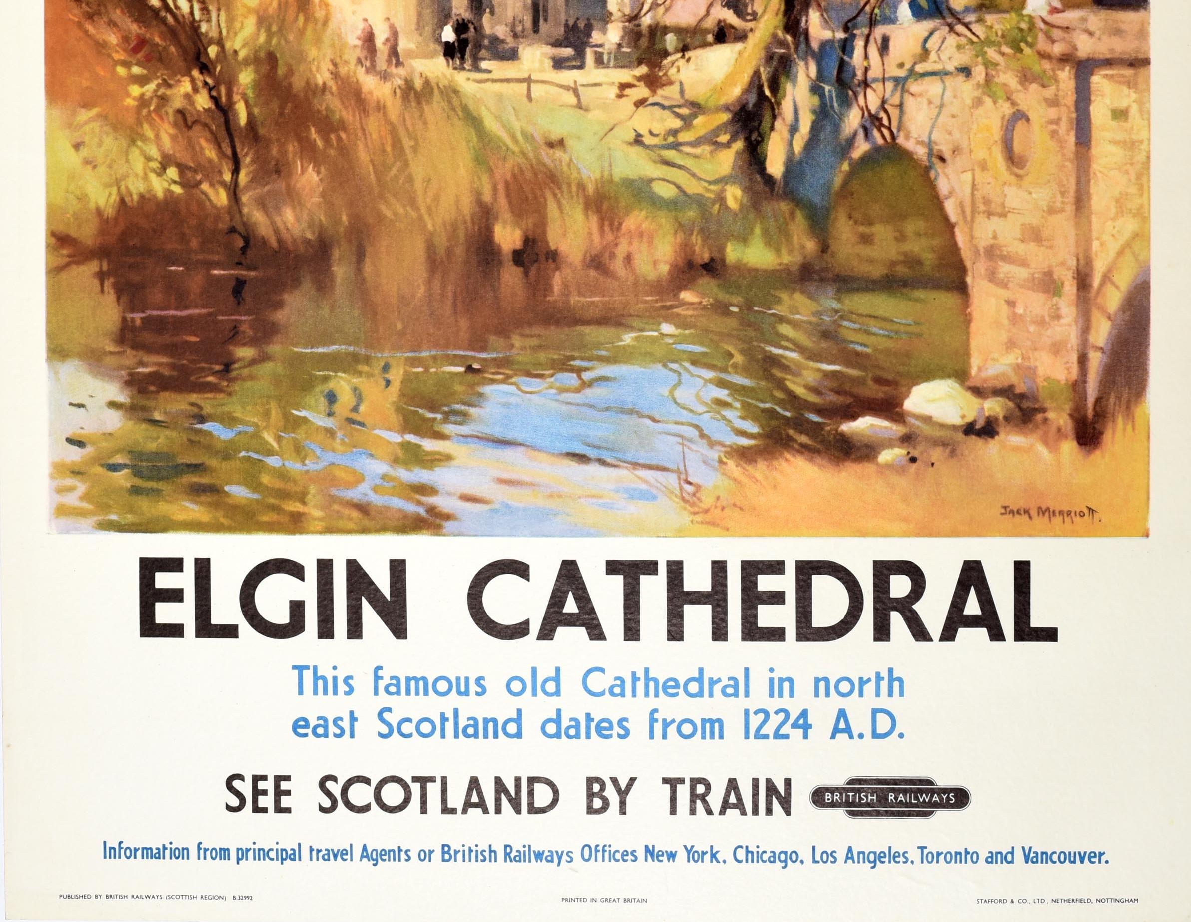 Britannique Affiche rétro originale de voyage en train, cathédrale d'Elgin, Écosse, British Railways en vente