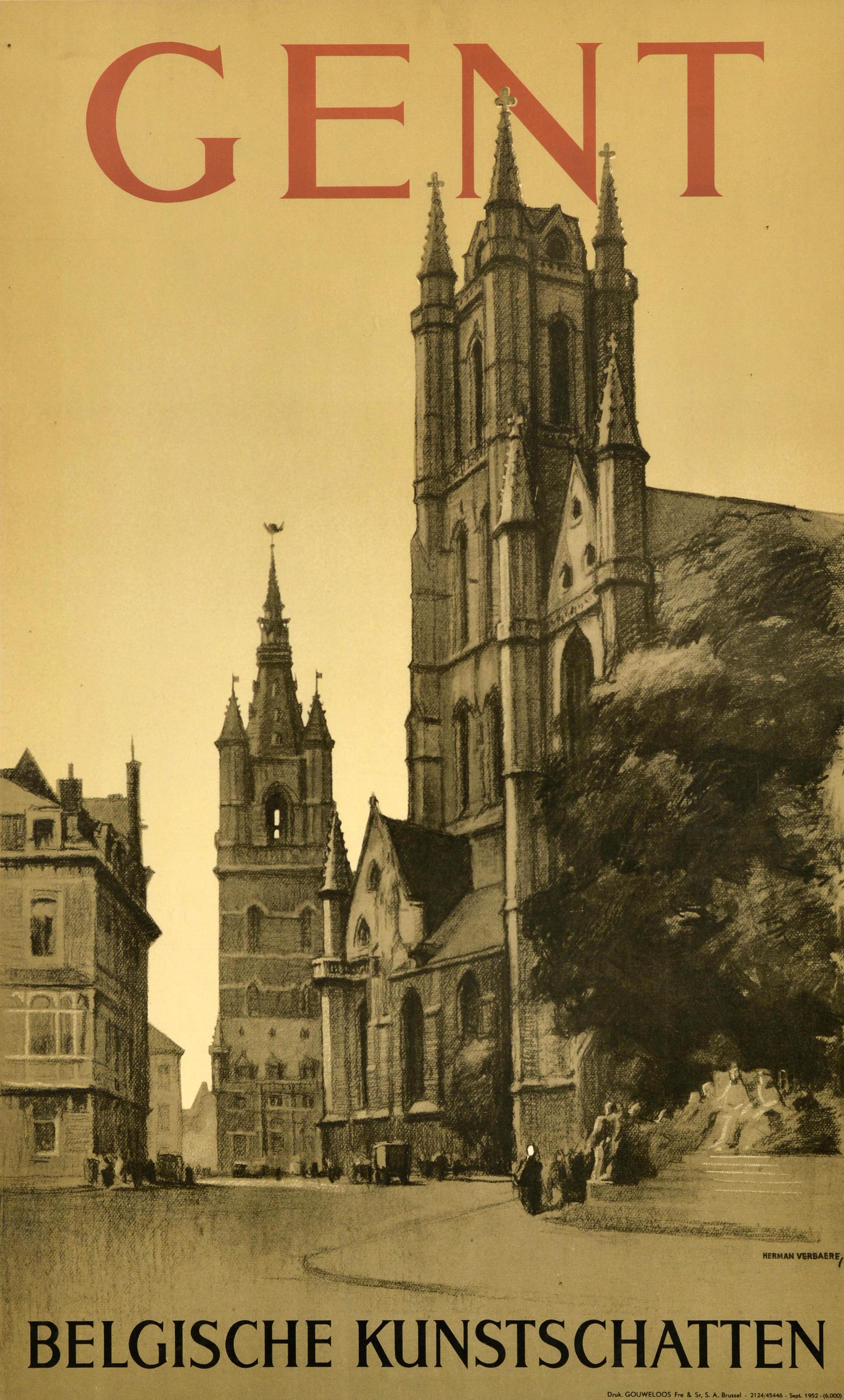 Poster originale d'epoca per il viaggio in treno - Ghent Belgian Art Treasures / Gent Belgische Kunstschatten - con un grande disegno di Herman Verbaere (1905-1993) che raffigura una veduta di persone che camminano lungo la strada all'esterno della