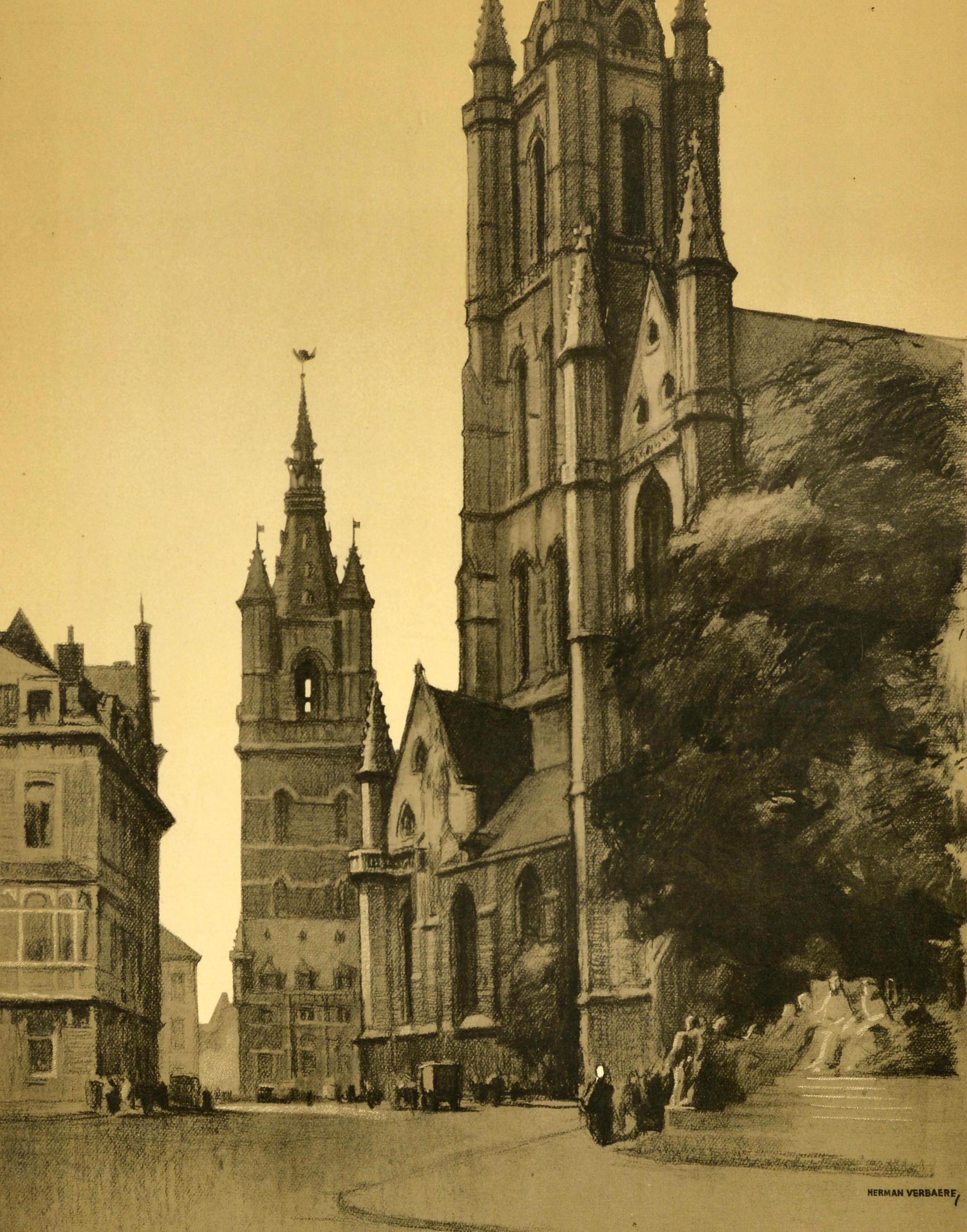 Metà XX secolo Poster originale d'epoca per il viaggio in treno Gand Tesori d'arte belgi Herman Verbaere in vendita