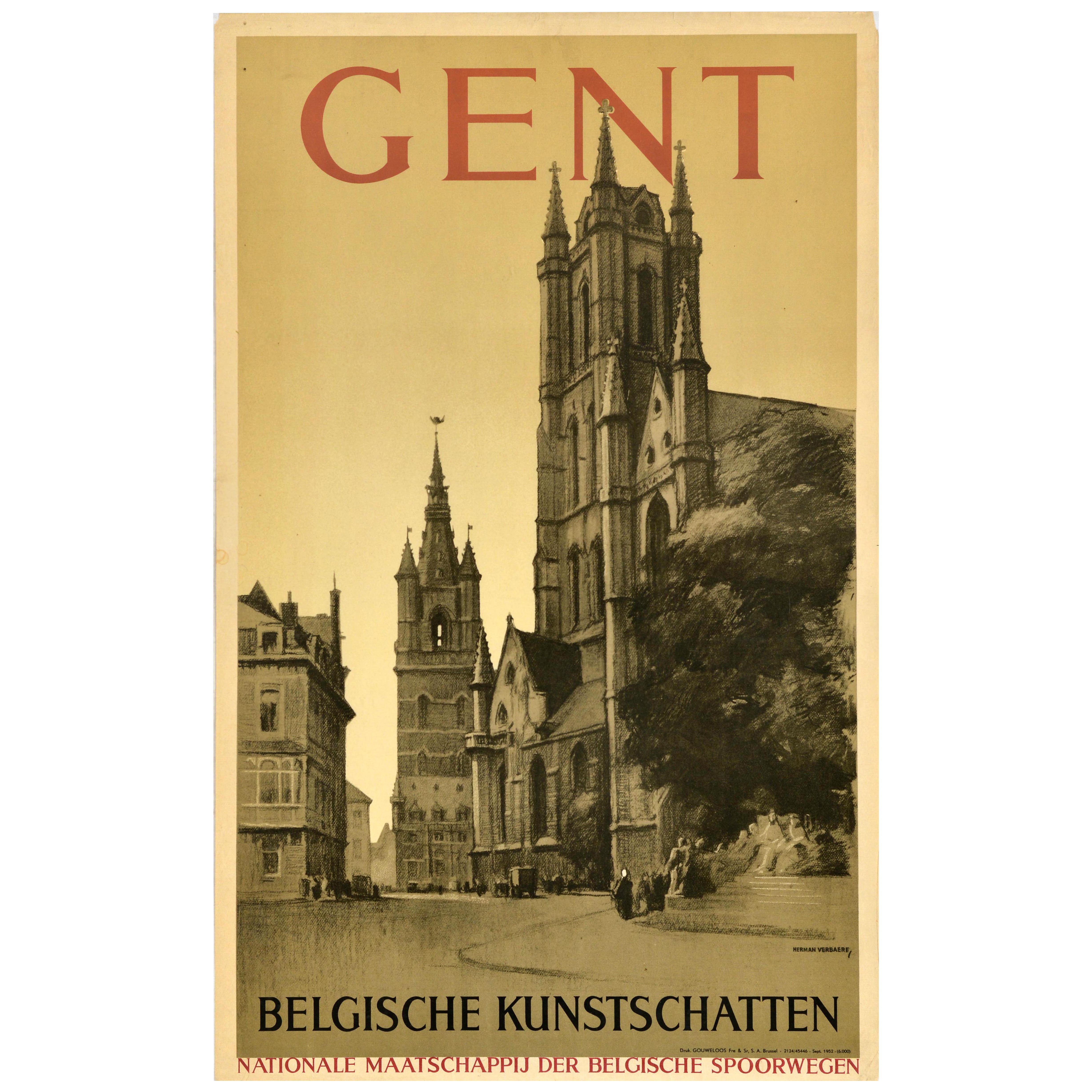 Original Vintage Train Travel Poster Ghent Belgian Art Treasures Herman Verbaere