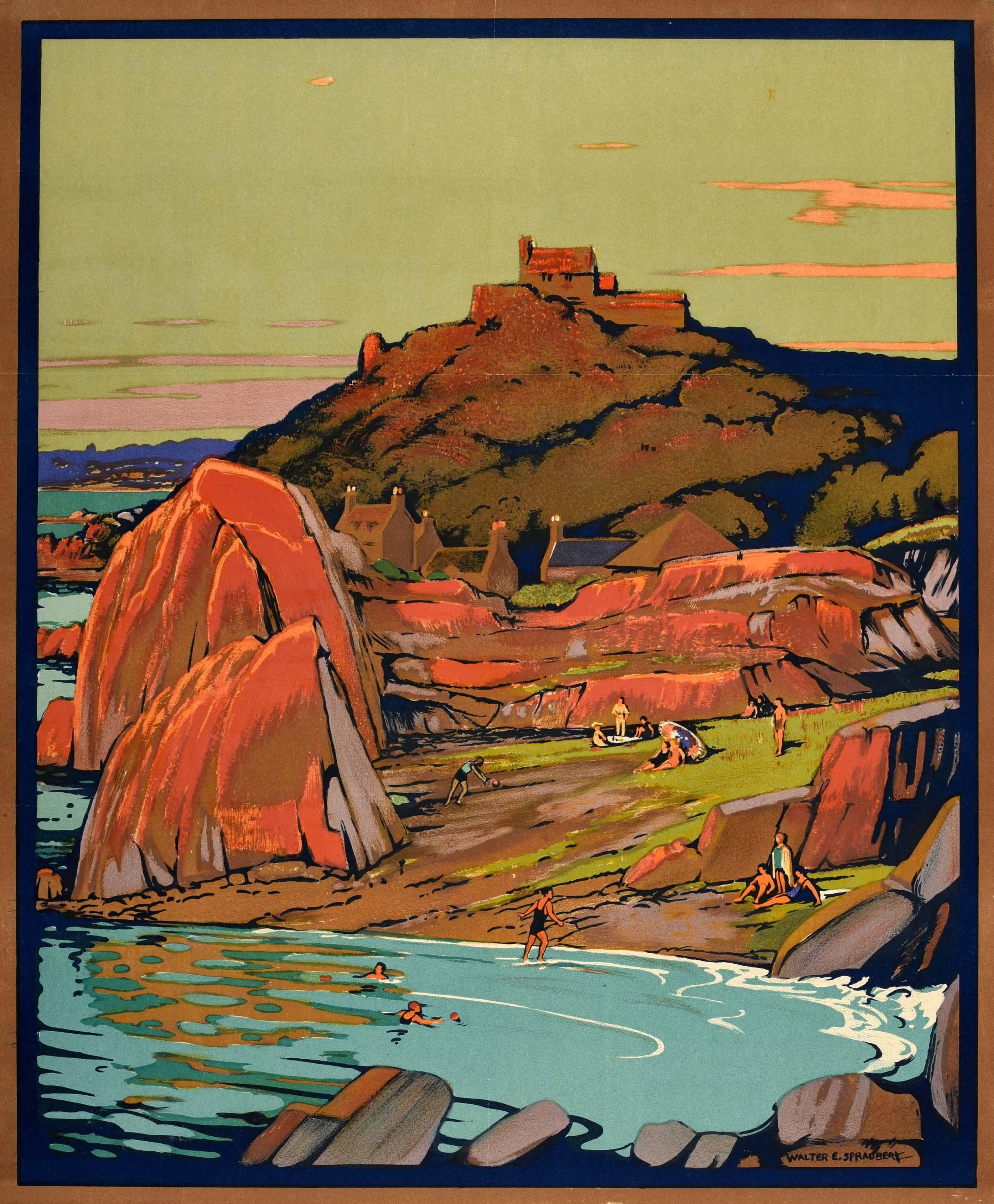 Original vintage train travel poster for Guernsey Sunshine Island featuring colourful artwork by Walter E. Spradbery (1889-1969) depicting a people enjoying a day relaxing and sunbathing on grass between rocks in a bay and swimming in the sea with