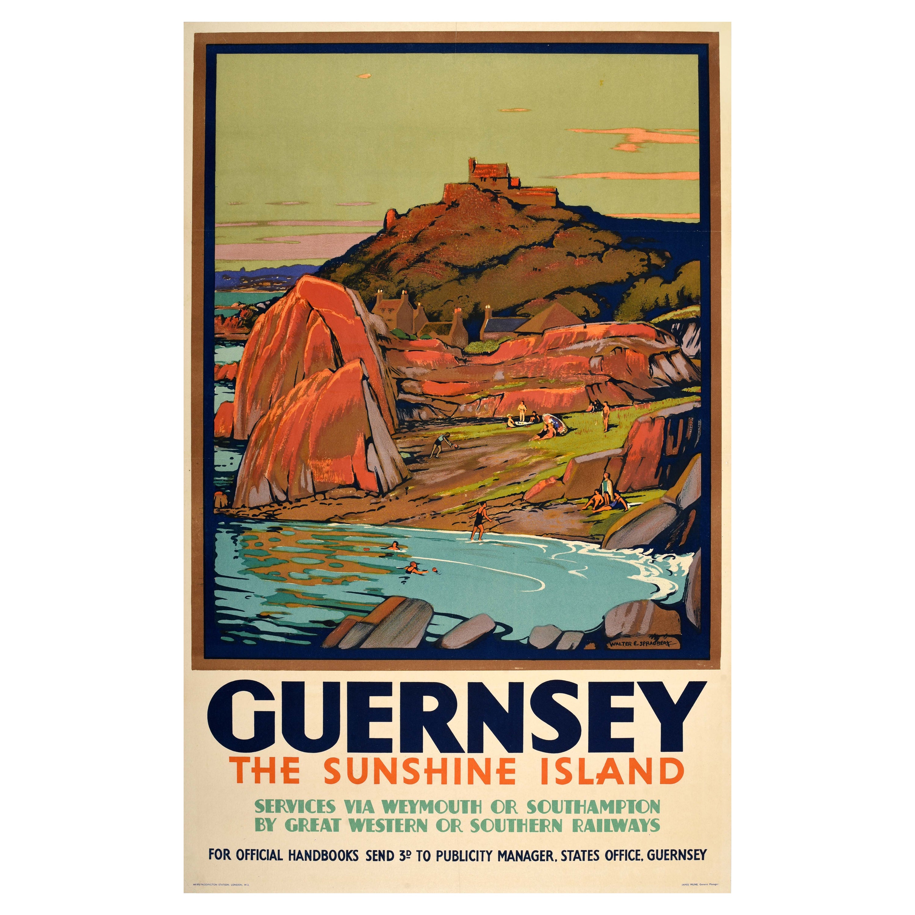 Original Vintage-Vintage-Zug-Reiseplakat Guernsey Sonneninsel Walter Spradbery im Angebot