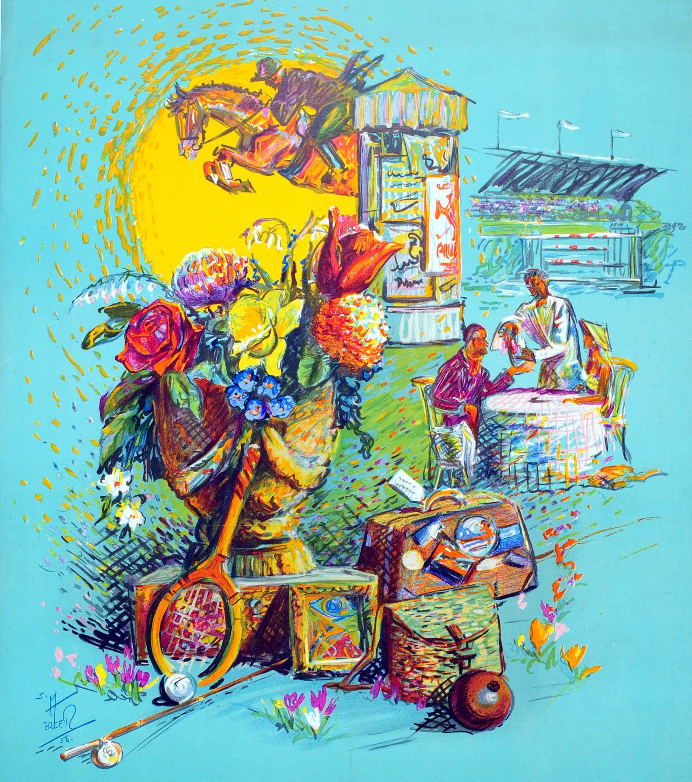 Poster originale d'epoca per il viaggio in treno per Harrogate Go by Rail British Railways con immagini colorate su sfondo blu che raffigurano vari sport e attività, tra cui una racchetta da tennis, una canna da pesca, pubblicità per il teatro,