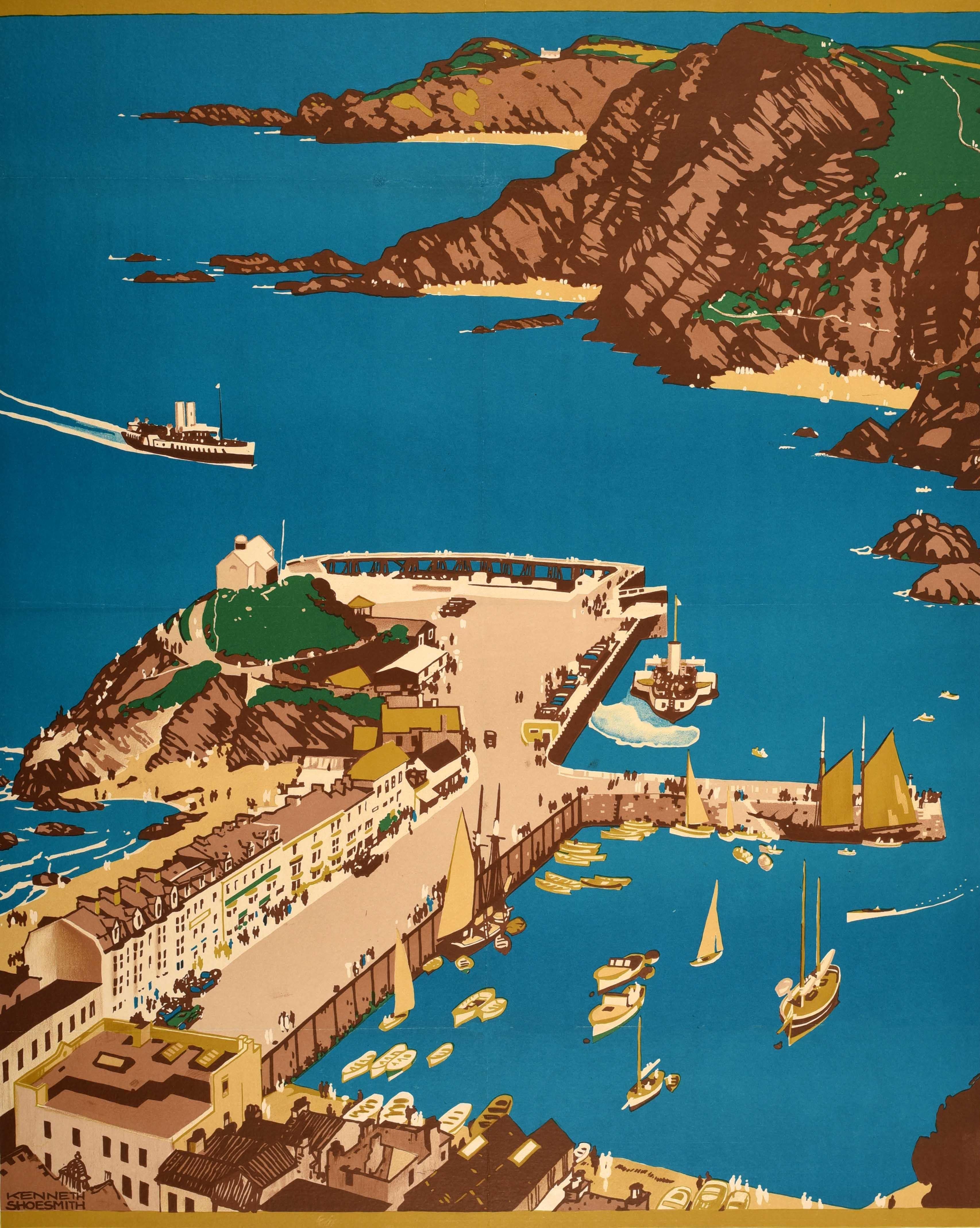 Original vintage train travel poster for Ilfracombe On Glorious Devon's Ocean Coast by Southern Railway featuring scenic artwork by the British maritime artist Kenneth Denton Shoesmith (1890-1939) of a bird's-eye view over the seaside resort town