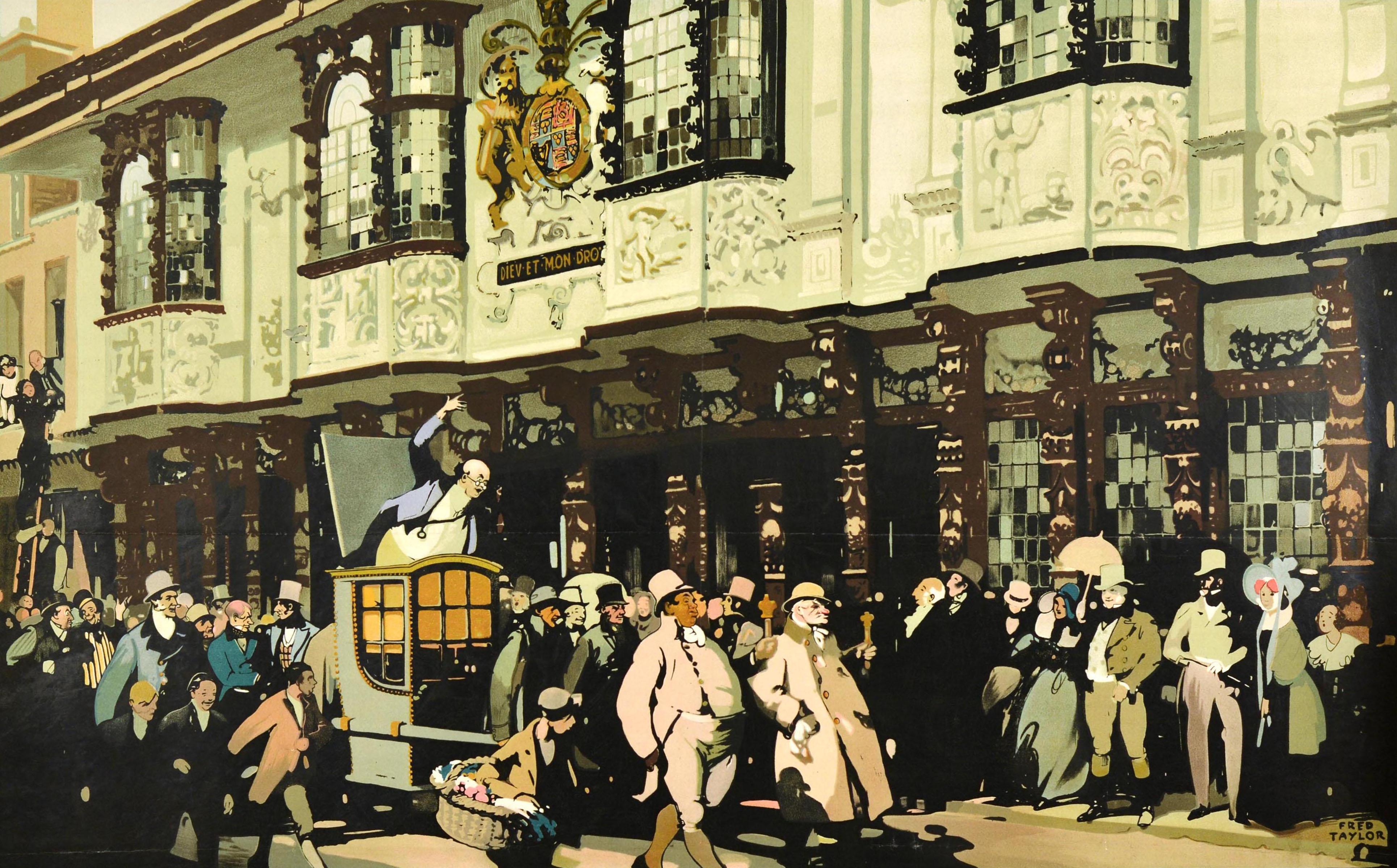Original vintage LNER train travel poster for Ipswich featuring stunning artwork by the notable painter and poster artist Fred Taylor (1875-1963) titled Mr. Pickwick The Ancient House depicting a scene from the 1836-7 novel The Pickwick Papers by