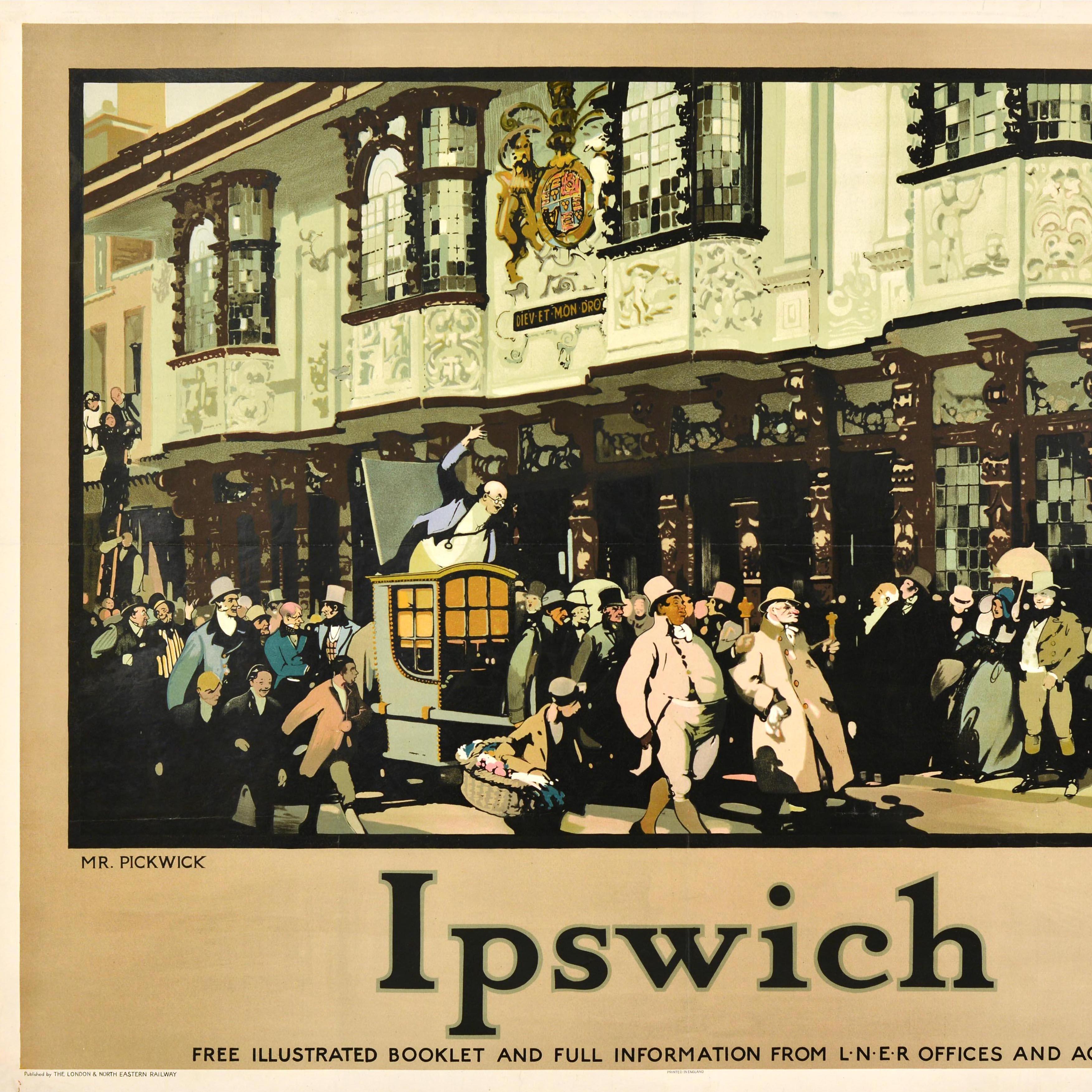 Britannique Affiche vintage originale de voyage en train Ipswich LNER Mr Pickwick The Ancient House en vente