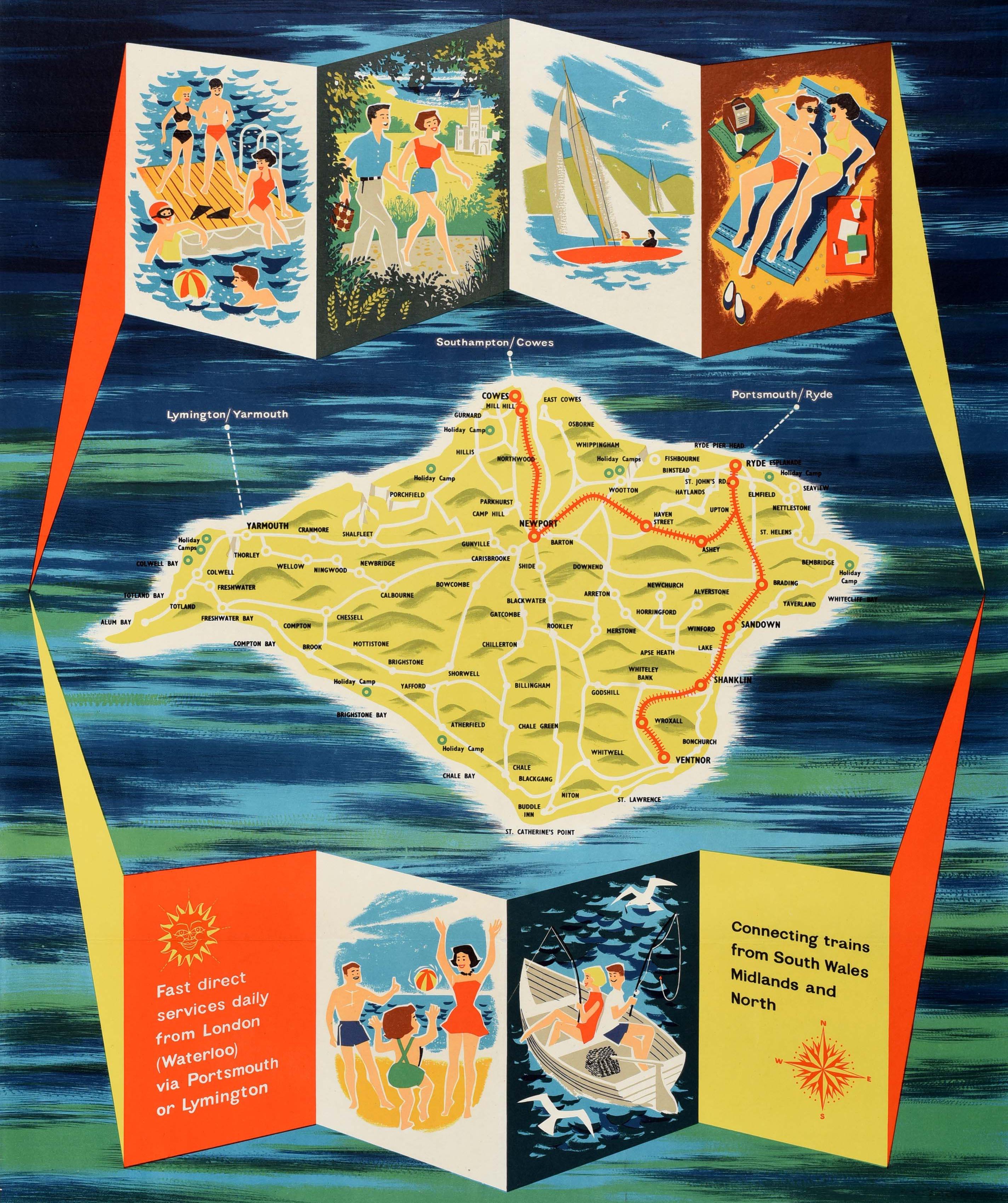 Poster vintage originale delle British Railways - Isle of Wight The Holiday Resort in the Path of the Sun (L'isola di Wight, il luogo di villeggiatura sul sentiero del sole) - con un colorato disegno di volantino dispiegato intorno a una mappa