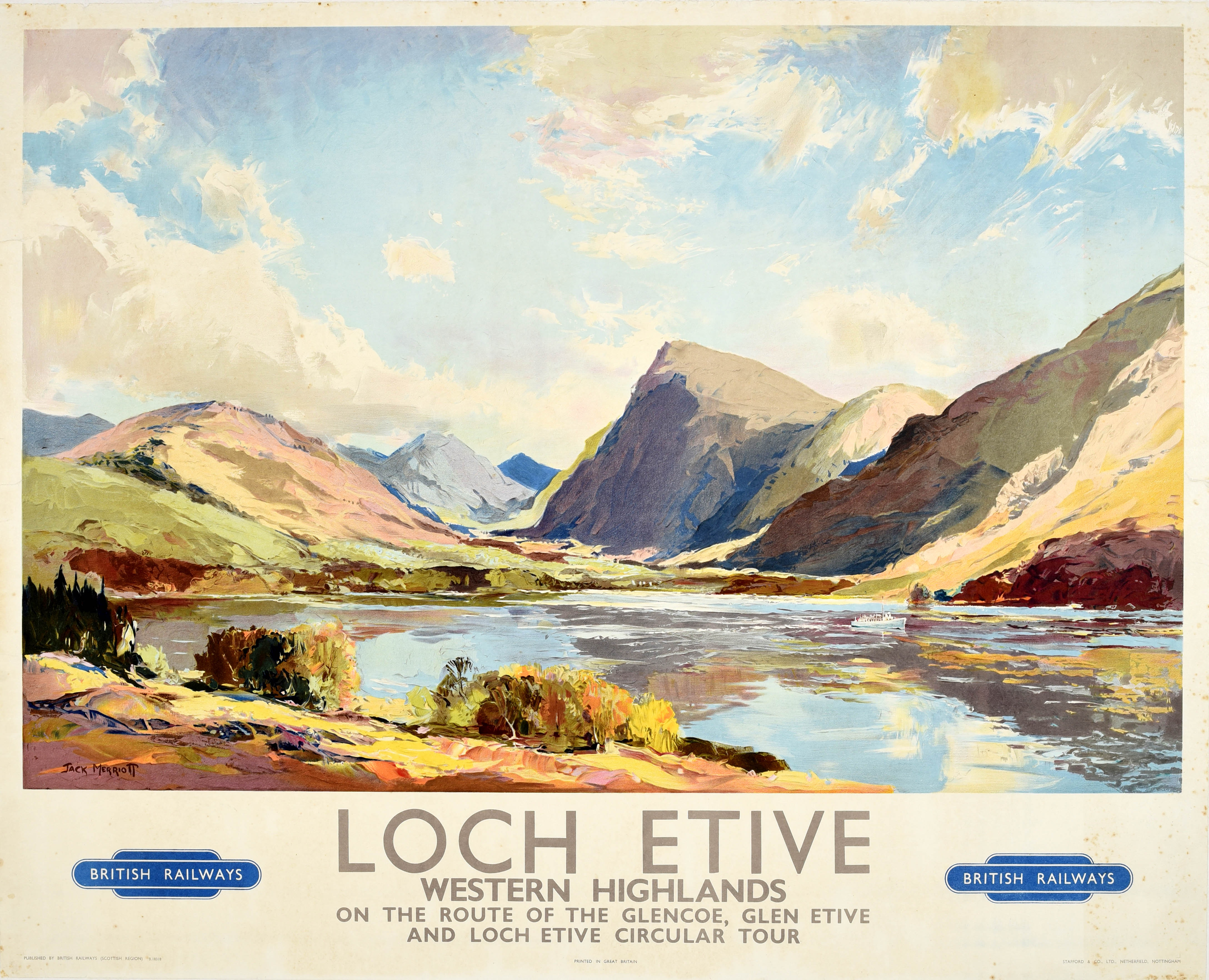 Manifesto originale d'epoca sui viaggi in treno: Loch Etive, Highlands occidentali, Scozia