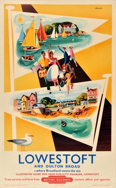Original Vintage Train Travel Poster Lowestoft and Oulton Broad British Railways