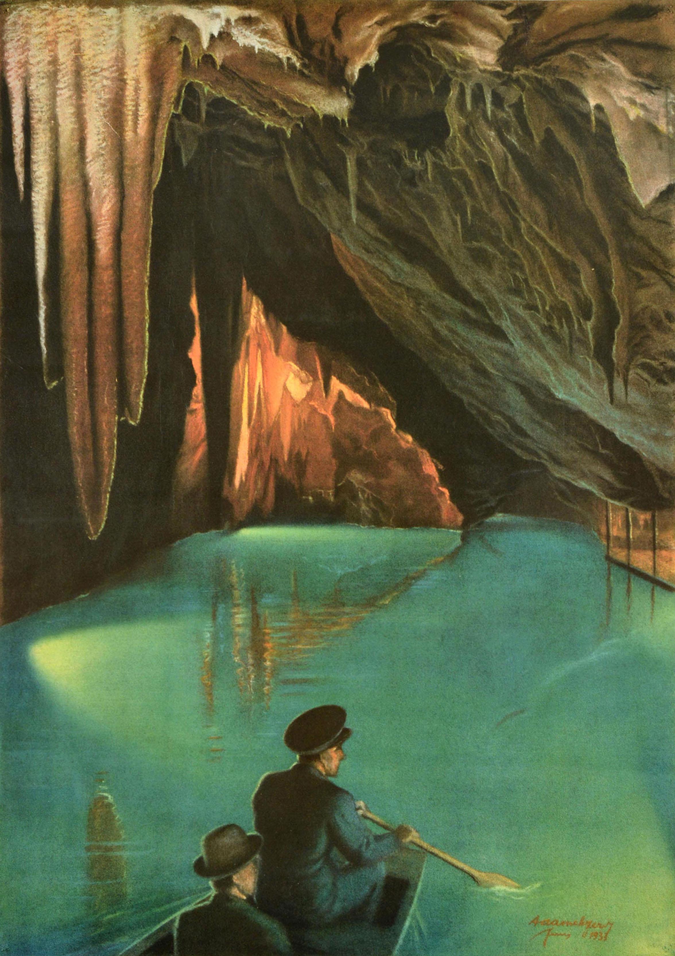 Original vintage train travel poster - The Czechoslovak State Railways The Stalactite Caves and gigantic chasm of Macocha one of the Wonders of the World - featuring a scenic image of people on a rowing boat in the cave below the stalactites