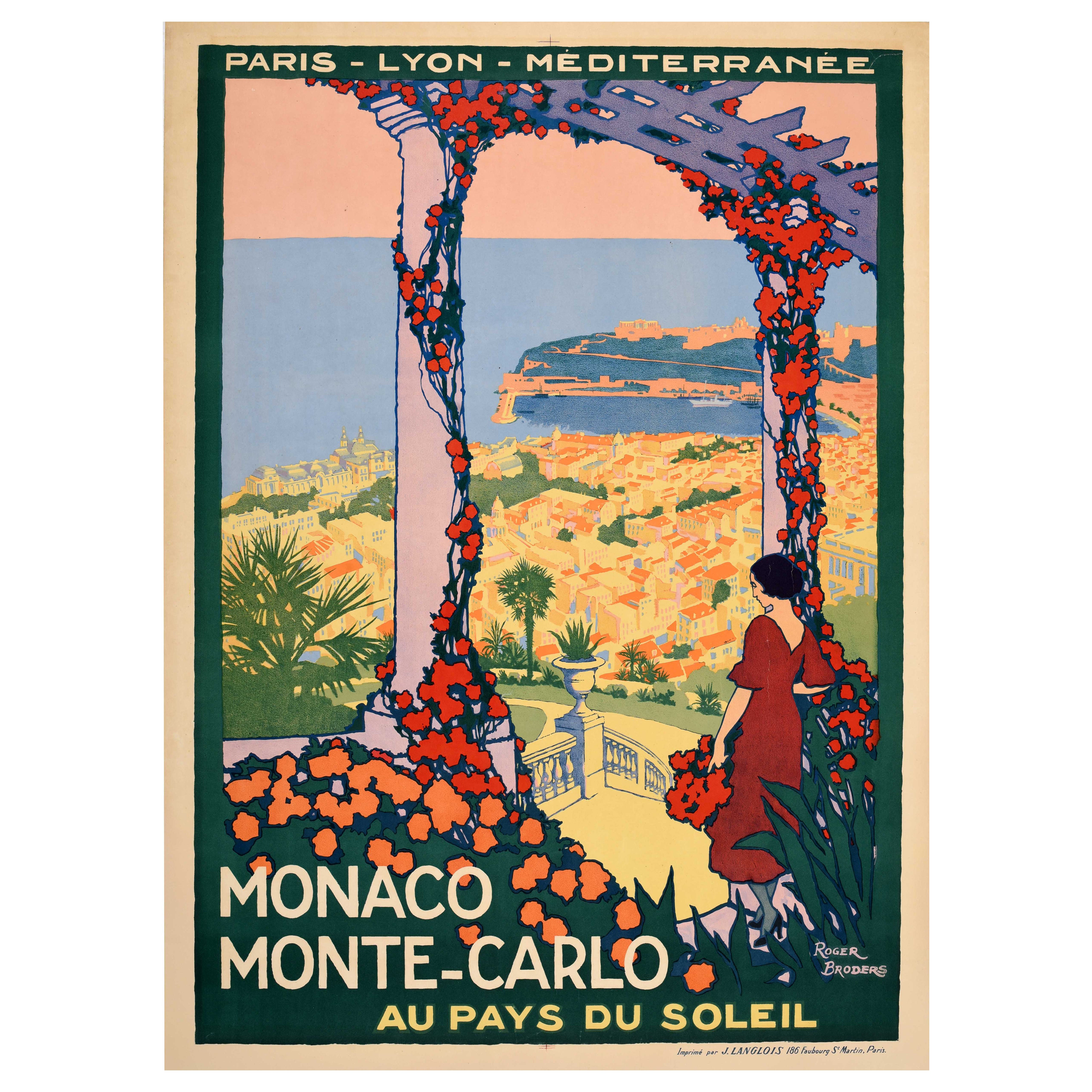 Original Vintage Cartel de Viaje en Tren Mónaco Montecarlo Tierra del Sol Broders