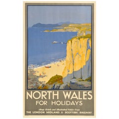 Poster originale d'epoca per il viaggio in treno nel Galles del Nord per le vacanze LMS Railway Coast