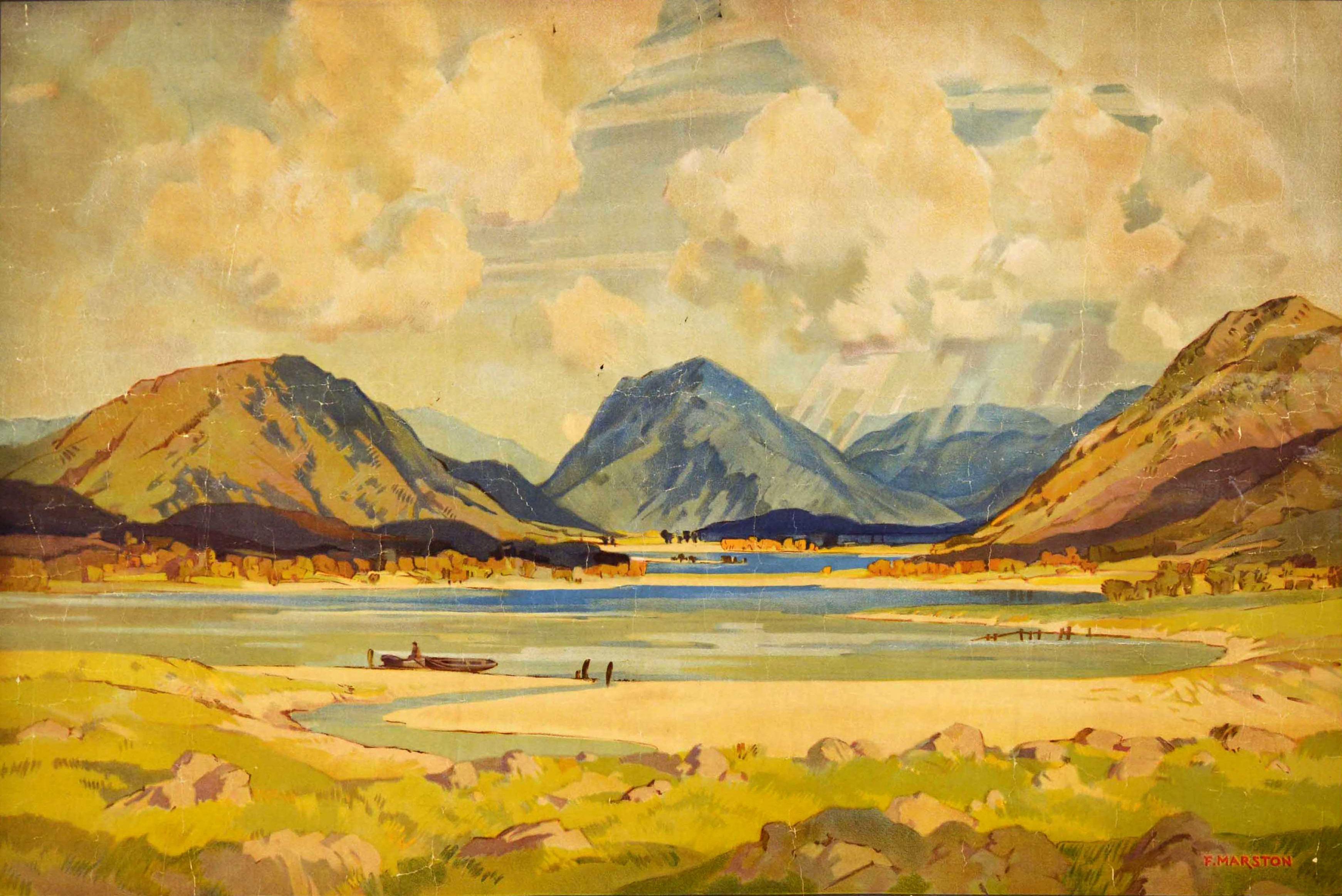 Original vintage train travel poster issued by the London, Midland and Scottish Railway - LMS North West England - featuring scenic artwork of the Lake District by the British painter Freda Marston (Freda Clulow; 1895-1949) of the Crummock Water