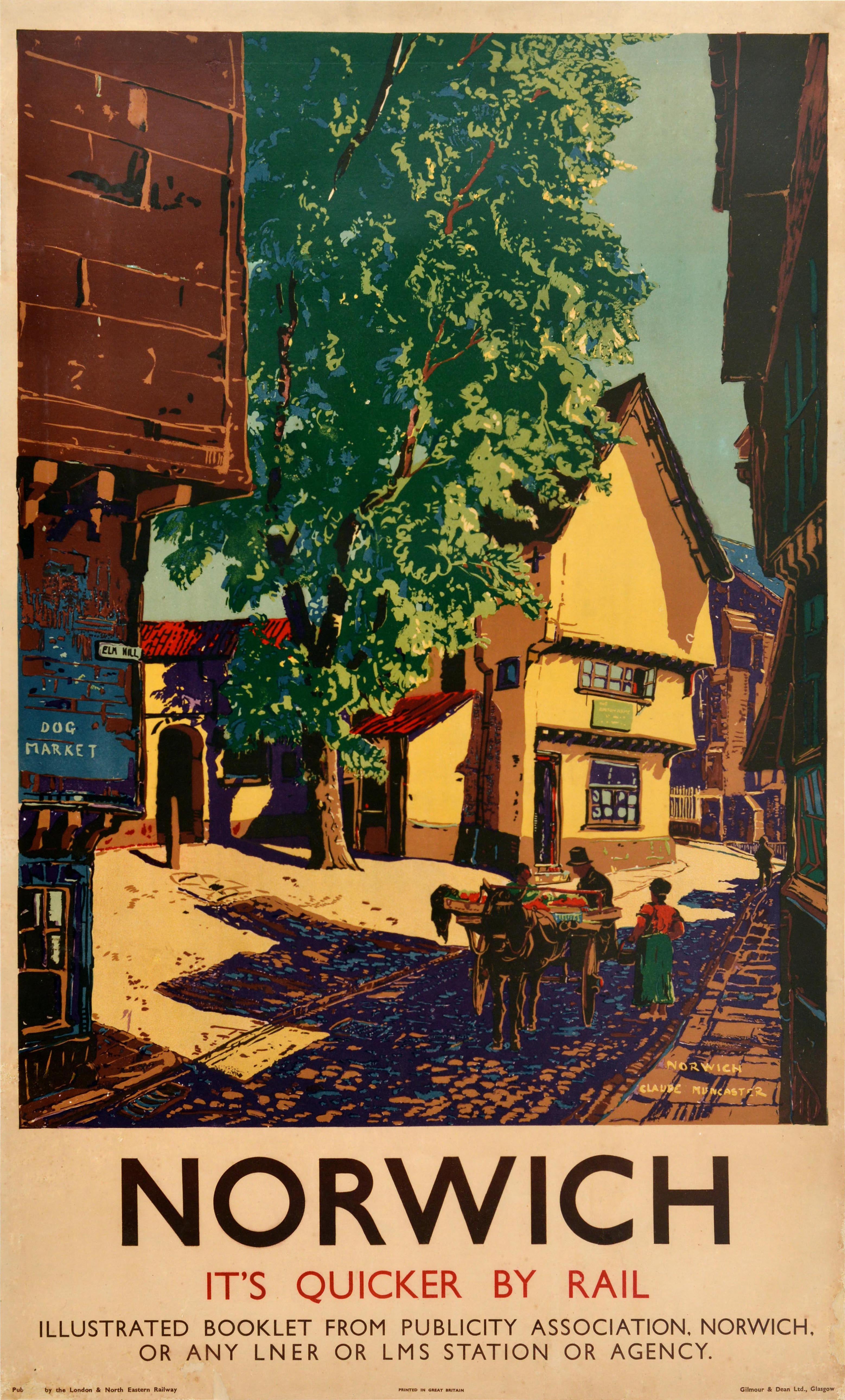 Poster di viaggio in treno originale d'epoca Norwich Elm Hill Norfolk LNER LMS Railway