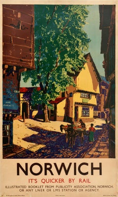 Poster di viaggio in treno originale d'epoca Norwich Elm Hill Norfolk LNER LMS Railway