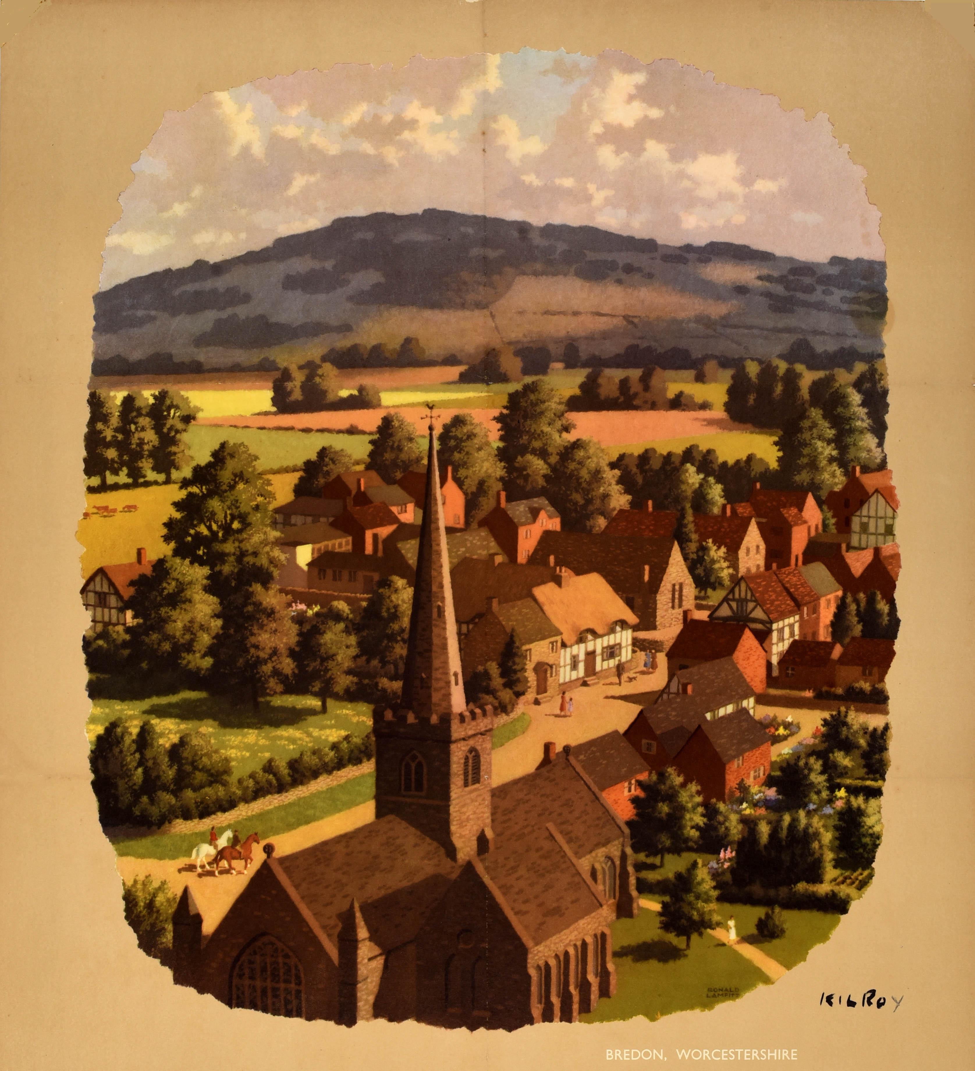 Poster di viaggio vintage originale delle British Railways - Old World England Travel in Comfort by Train - con un'opera d'arte scenografica di Ronald Lampitt (1906-1988) che ritrae l'antico villaggio di Bredon nel Worcestershire, nelle Midlands