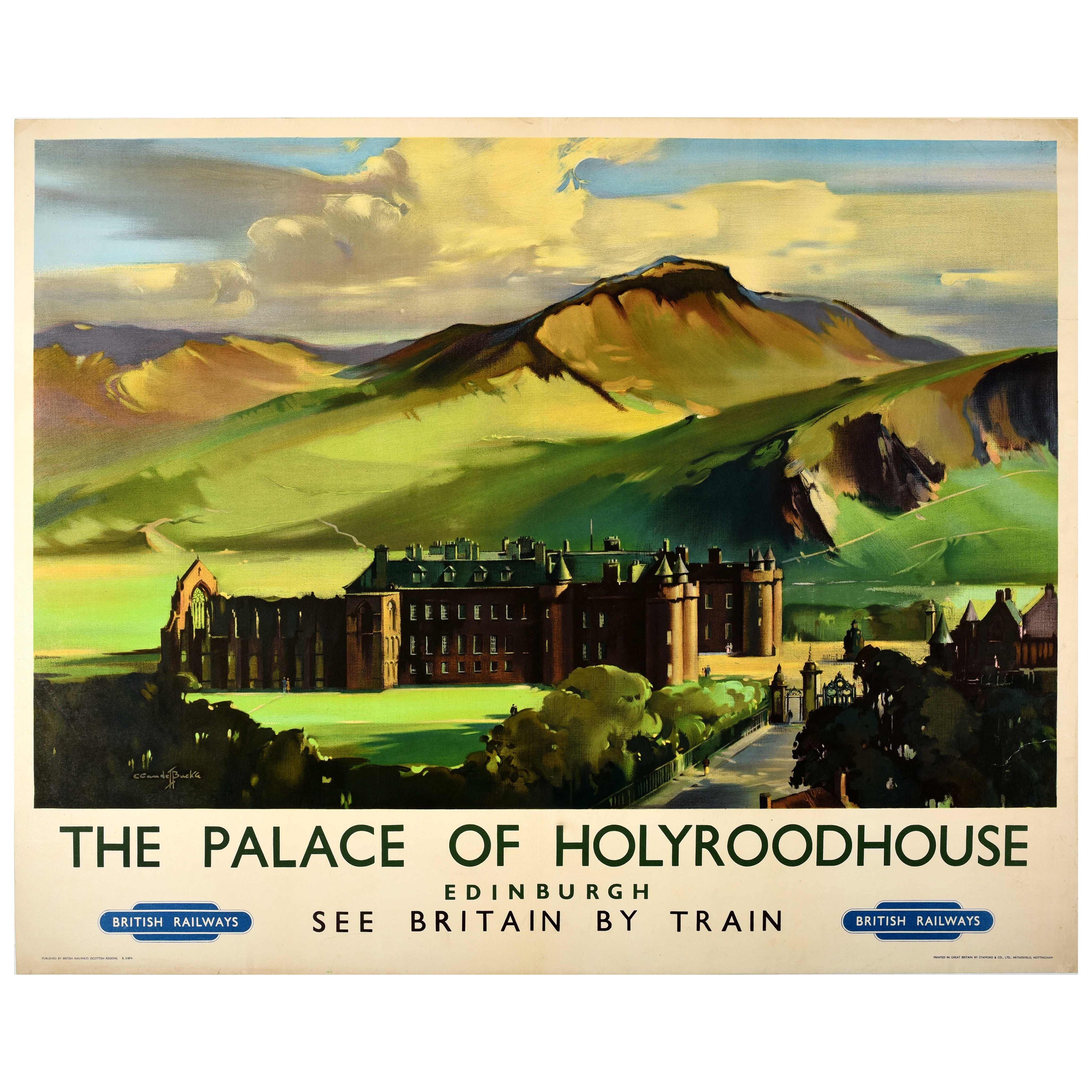 Poster originale di viaggio in treno d'epoca Palazzo di Holyroodhouse Edimburgo Scozia