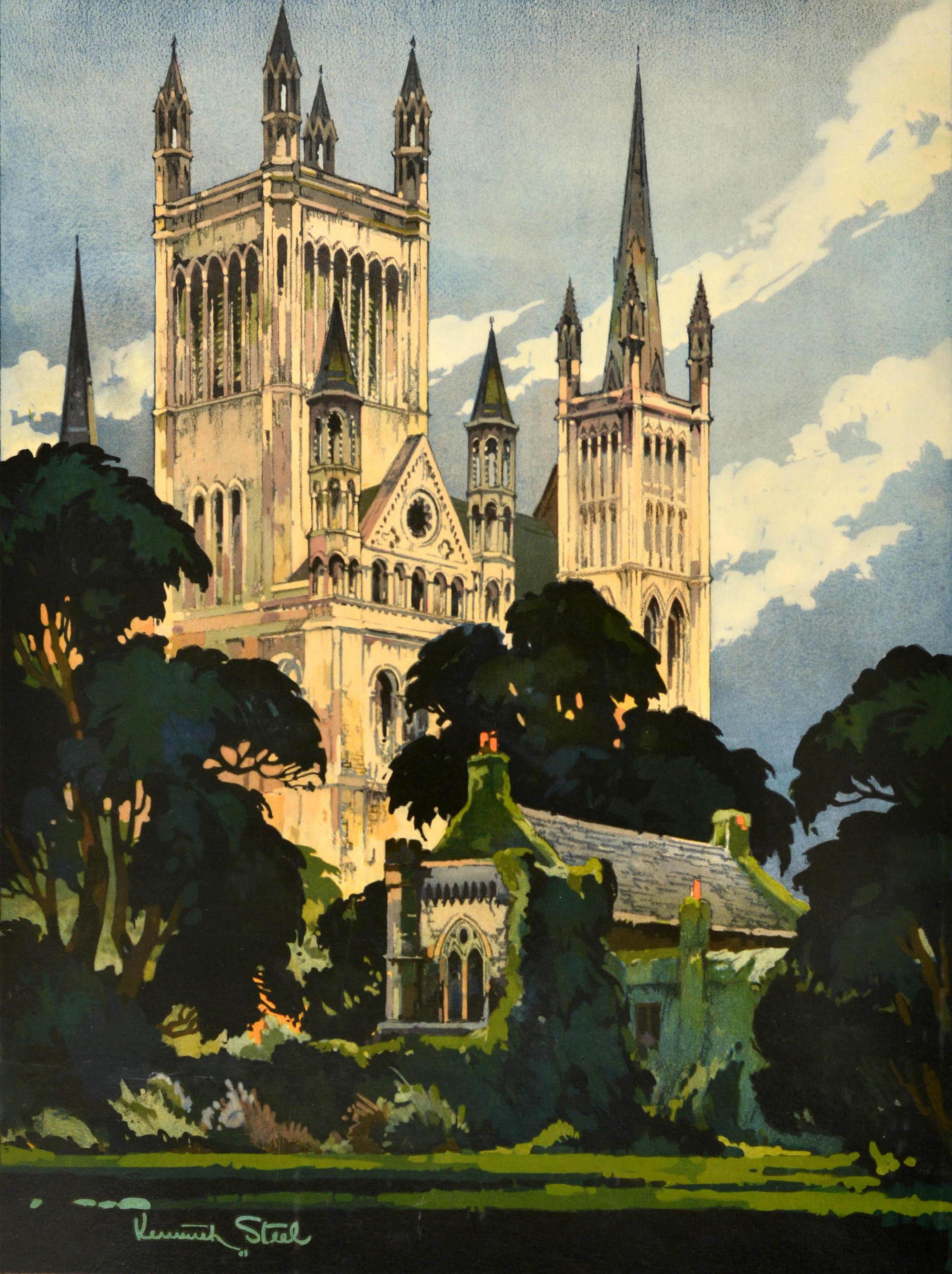 Original vintage travel advertising poster - Peterborough See Britain by Train British Railways - featuring a great scenic view by Kenneth Steel (1906-1970) of The Cathedral and Deanery with green trees in the foreground, the text and British
