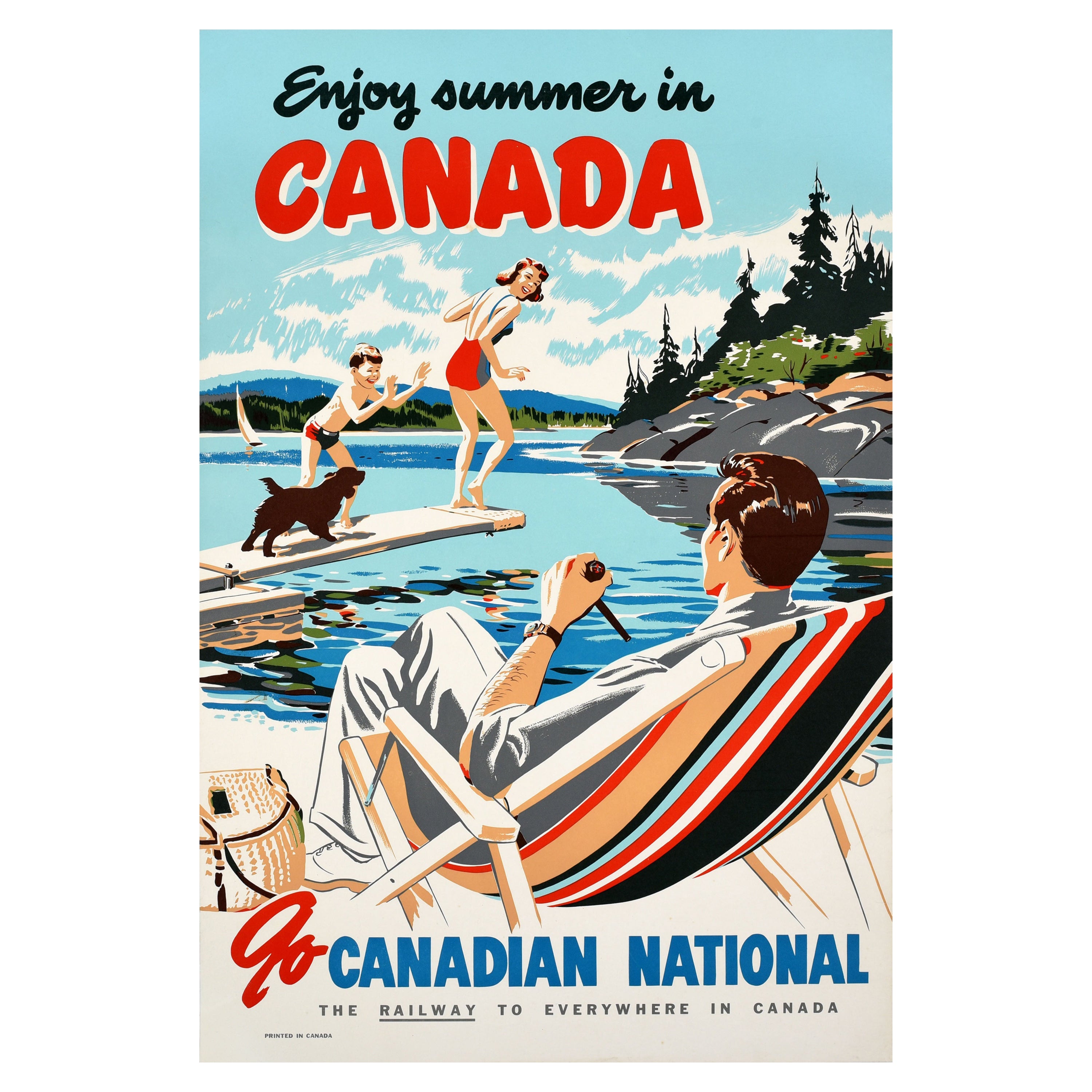 Affiche vintage originale de voyage en train, Été au Canada, Chemin de fer national canadien