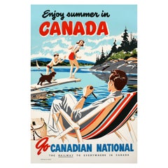 Affiche vintage originale de voyage en train, Été au Canada, Chemin de fer national canadien