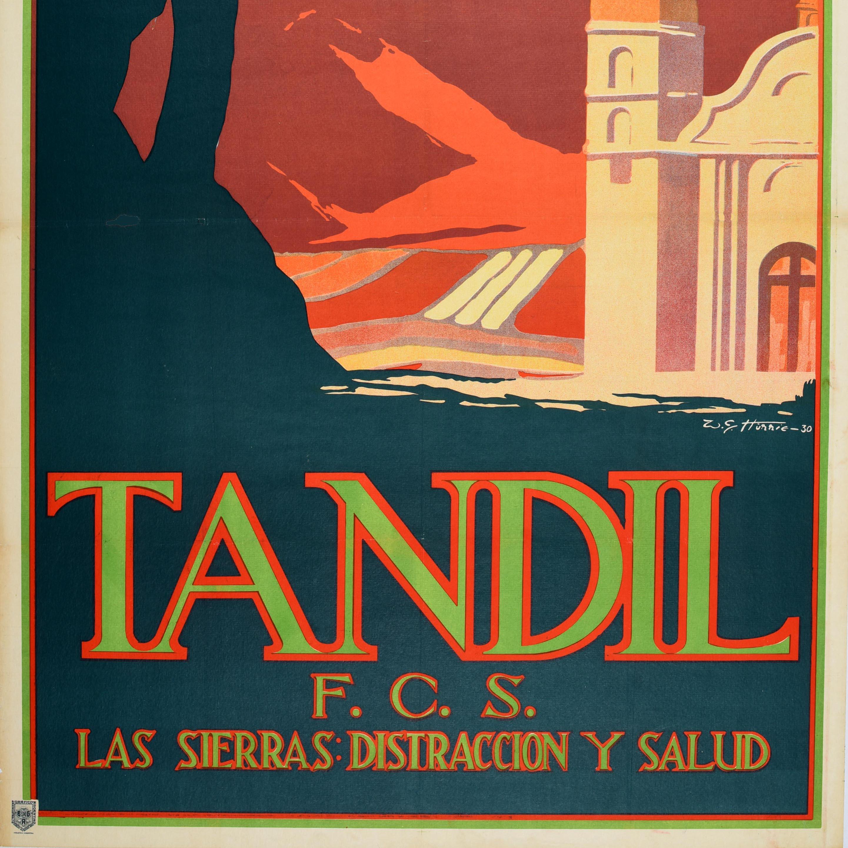 Original Vintage Train Travel Poster Tandil Health Retreat Argentina Art Deco In Good Condition For Sale In London, GB