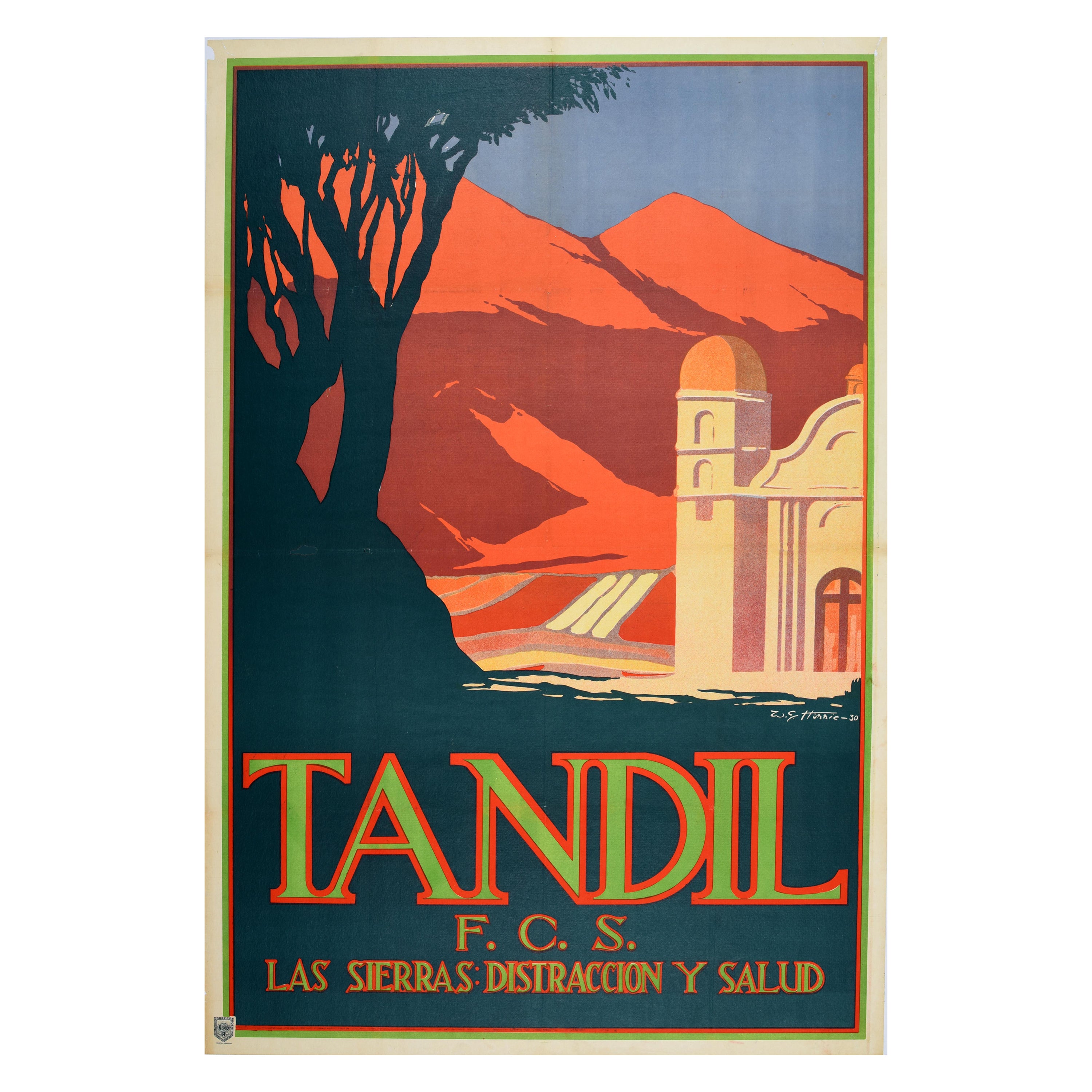 Poster originale di viaggio in treno d'epoca Tandil Health Retreat Argentina Art Deco in vendita