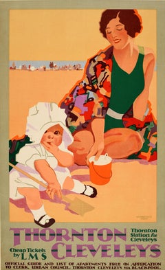 Original Vintage Train Travel Poster Thornton Cleveleys Lancashire LMS Railway