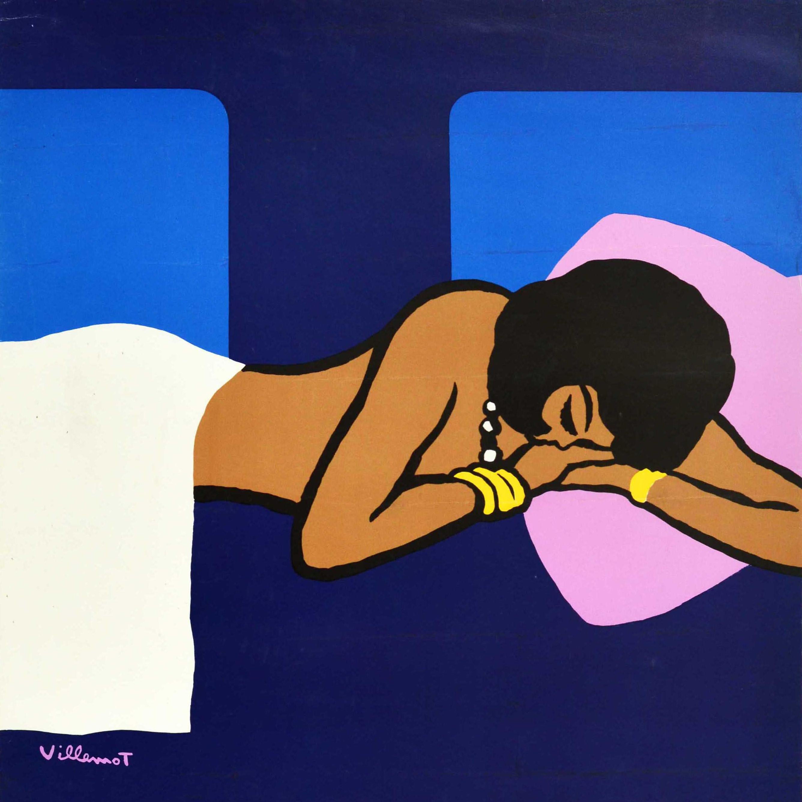 Affiche publicitaire originale publiée par la SNCF pour promouvoir les voitures-lits disponibles sur ses services de nuit - Une nuit en voiture lits - comportant un superbe dessin de l'artiste graphique français Bernard Villemot (1911-1989)