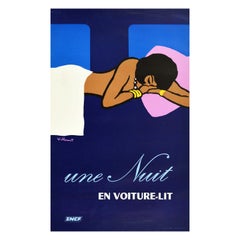 Original Vintage Train Travel Poster Une Nuit Bernard Villemot SNCF Railway Art