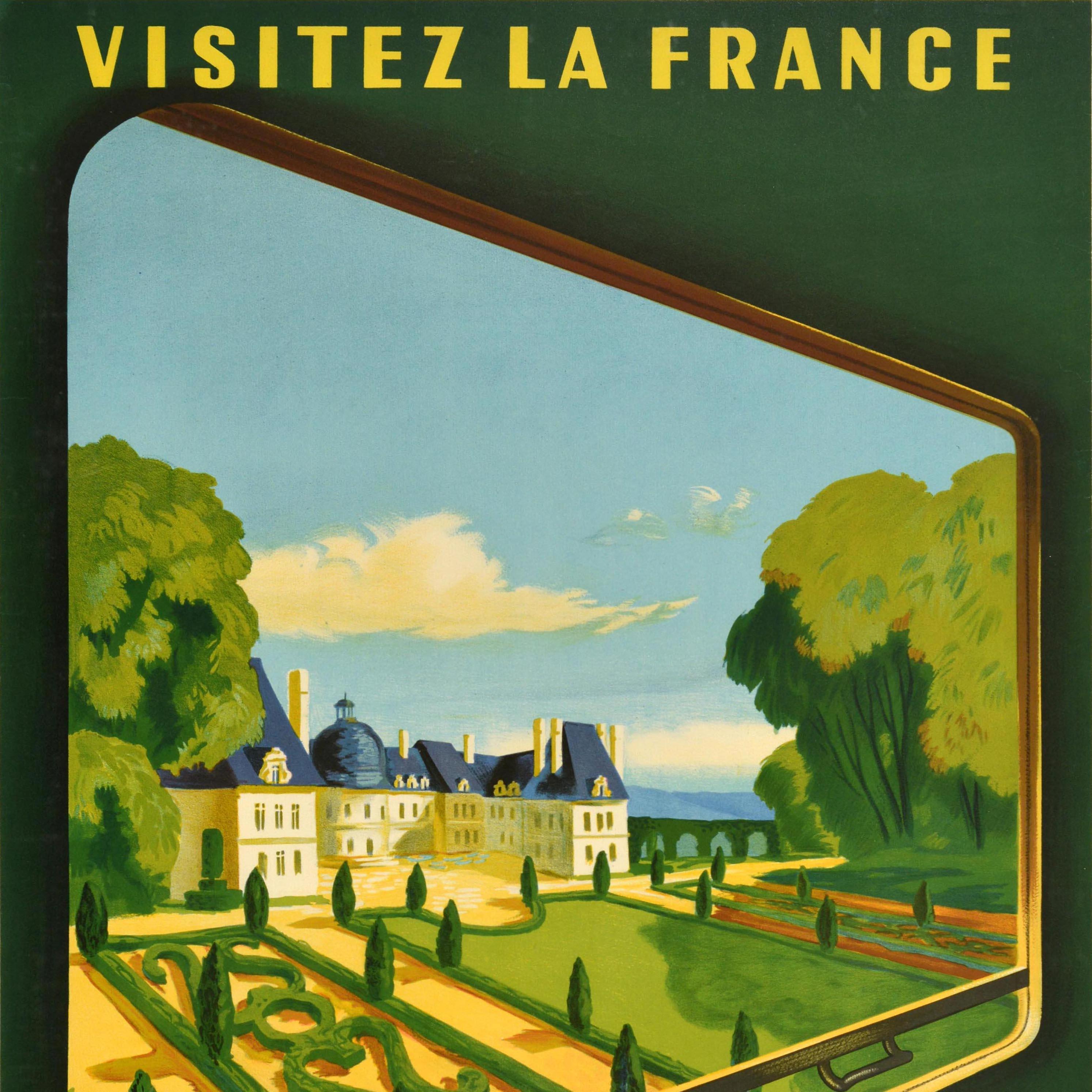 Póster de viaje en tren original de época Visit France Chateaux De La Loire SNCF Francés en venta