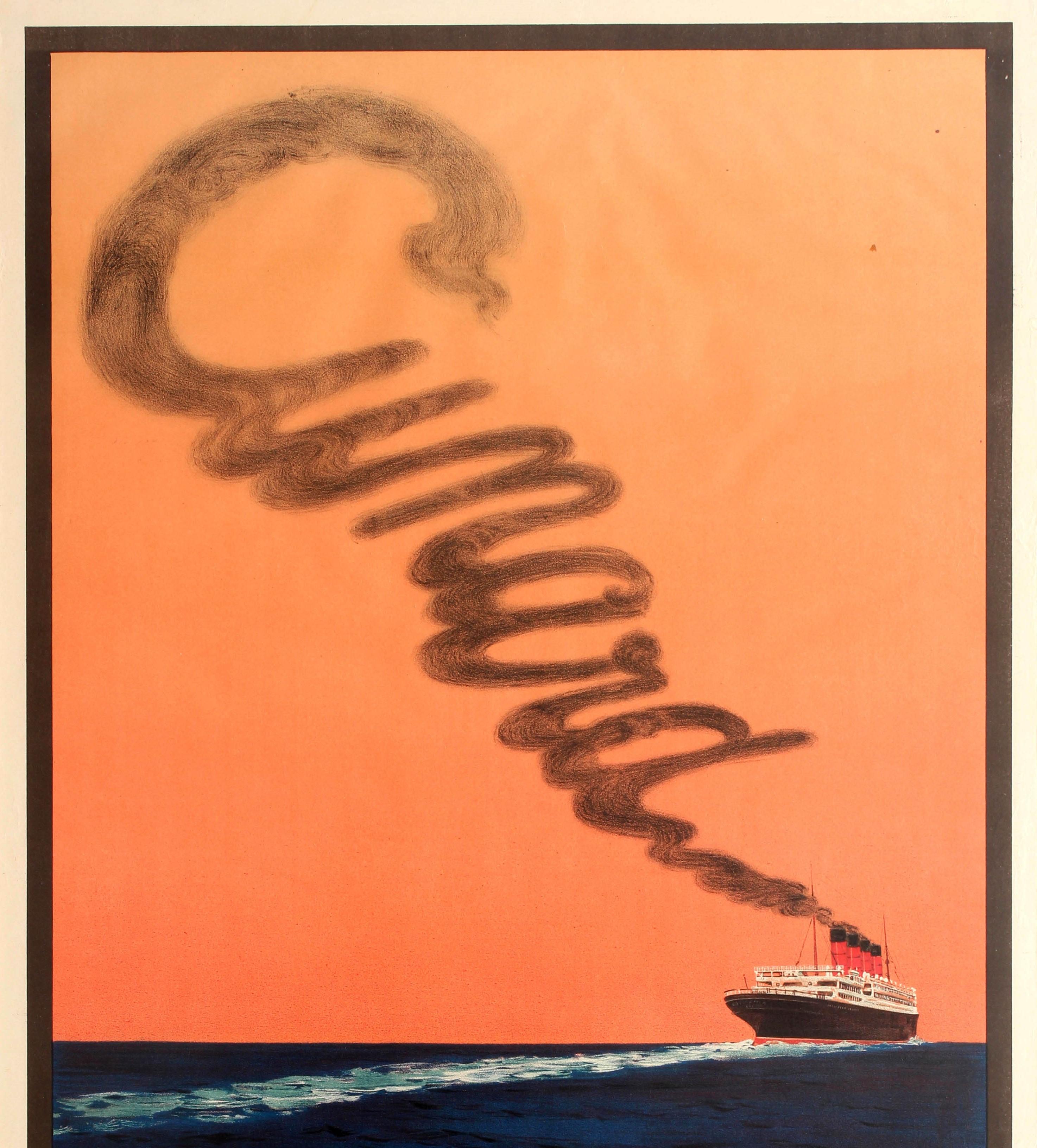 Original vintage transatlantic cruise travel poster for Cunard featuring a stunning image of their flagship ocean liner the Aquitania (1914-1950) sailing across the Atlantic Ocean with the smoke from the ship filling the sunset sky with the word