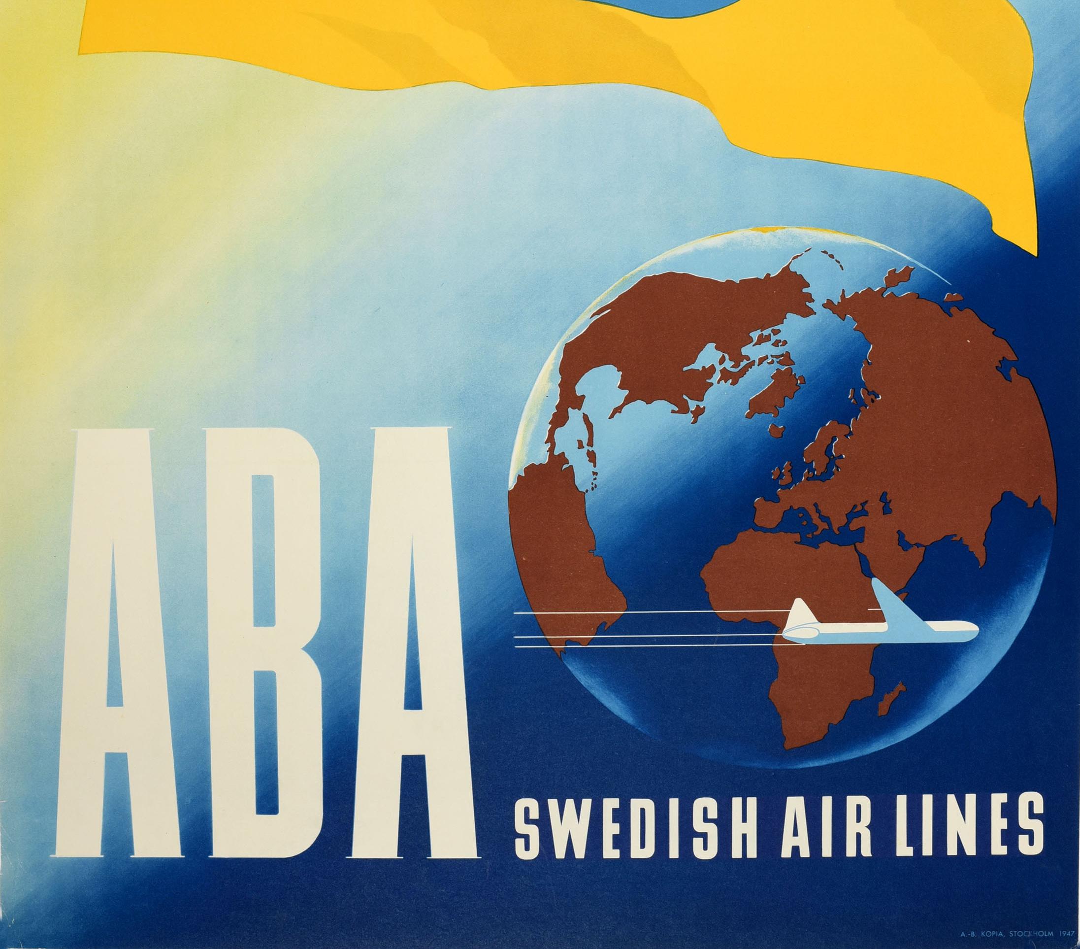 Mid-20th Century Original Vintage Travel Advertising Poster ABA Swedish Airlines Olle Svensson For Sale