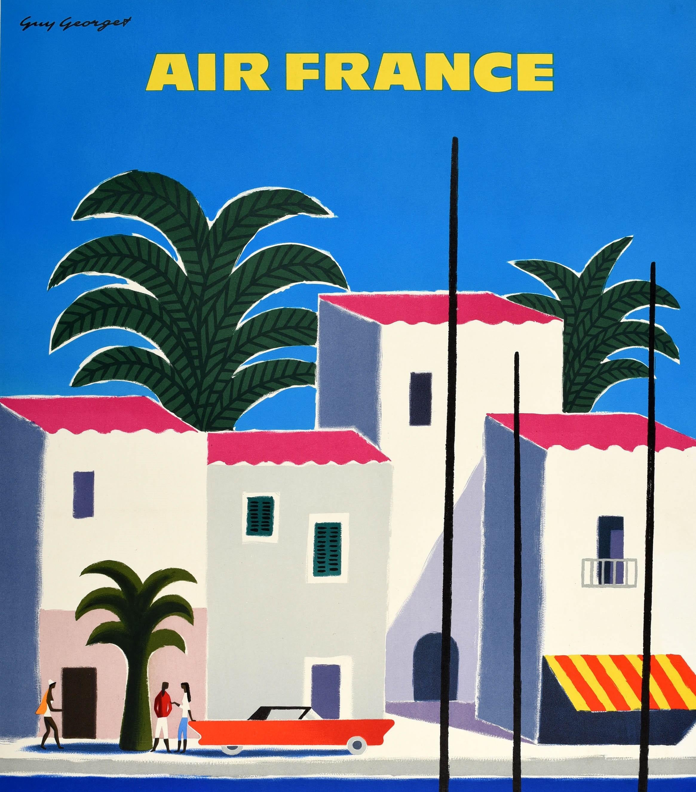 Original vintage travel poster for the Cote D'Azur / French Riviera issued by Air France featuring a colourful design by Guy Georget (1911-1992) showing boats on the water with people standing next to a car in the shade of a palm tree in front of