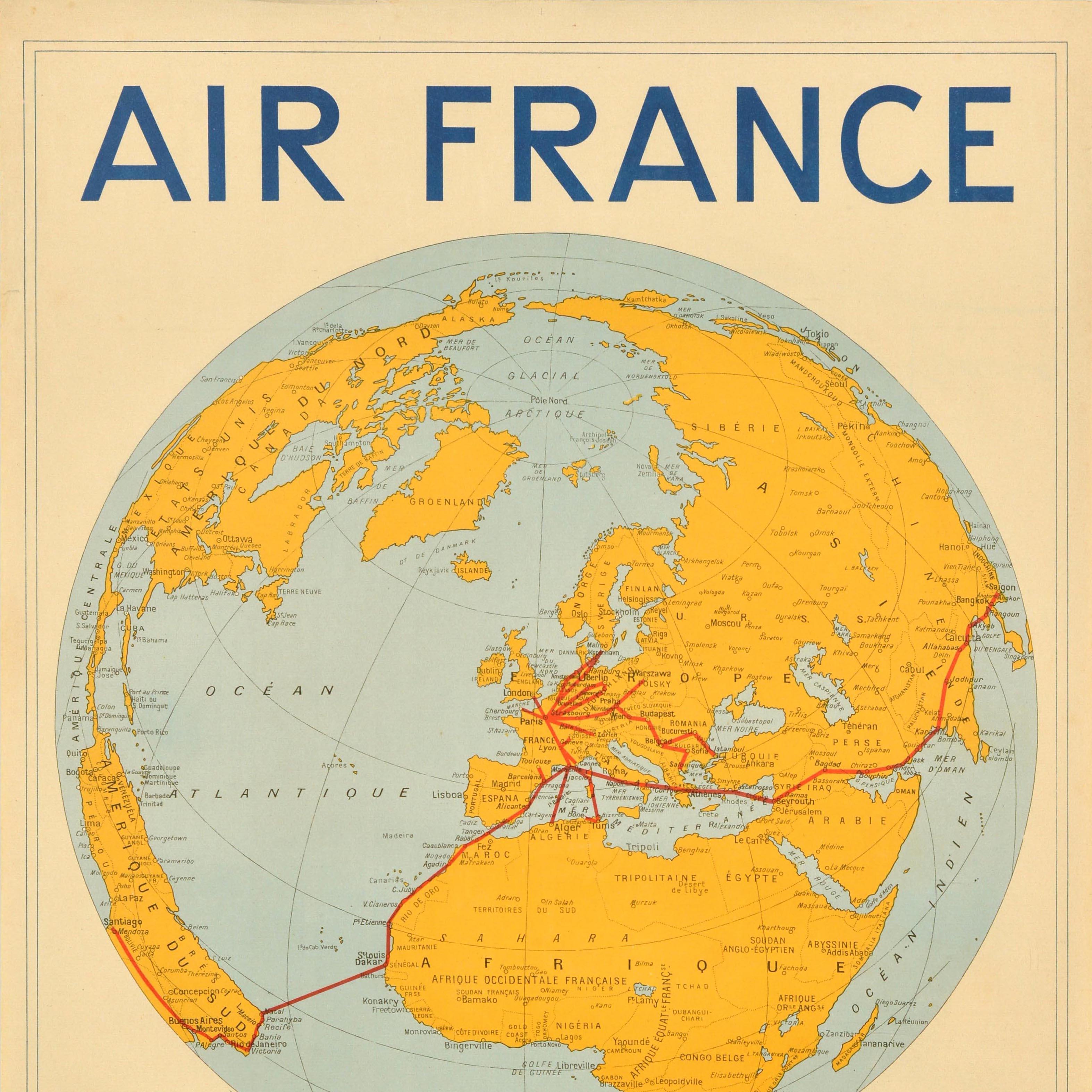 Francese Poster pubblicitario d'epoca Air France Rete aerea globale Girard in vendita