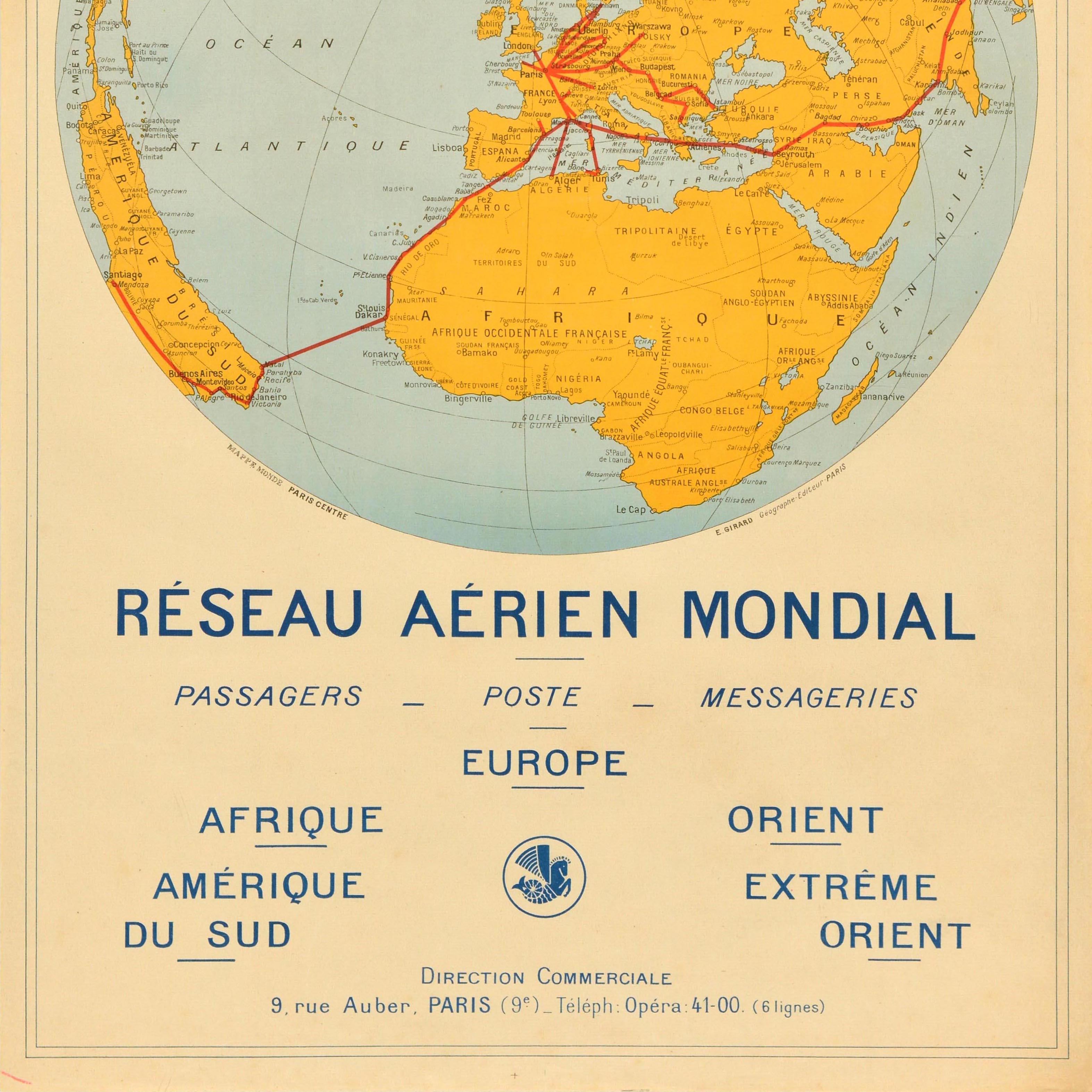 Poster pubblicitario d'epoca Air France Rete aerea globale Girard In condizioni buone in vendita a London, GB