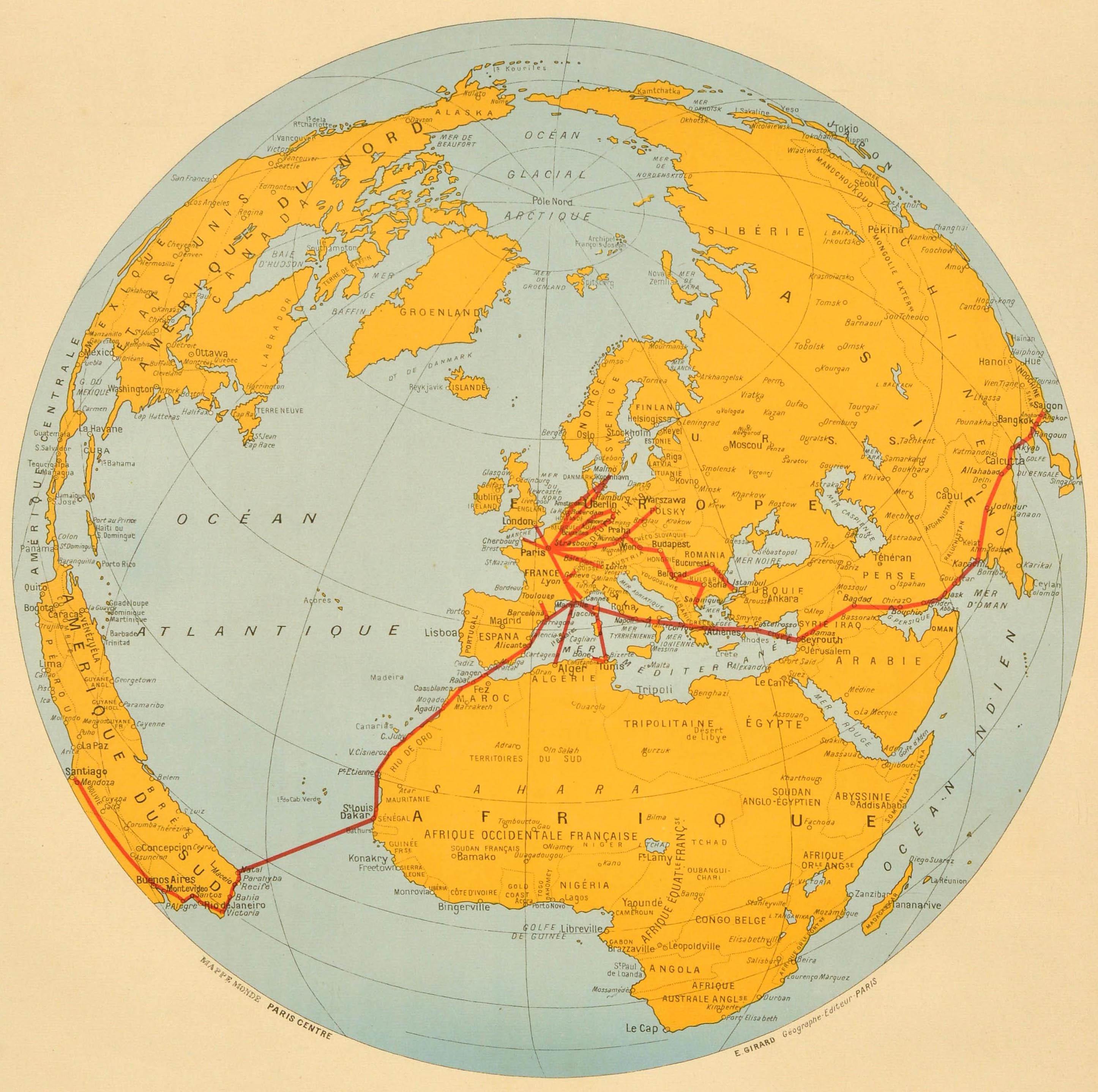 Metà XX secolo Poster pubblicitario d'epoca Air France Rete aerea globale Girard in vendita