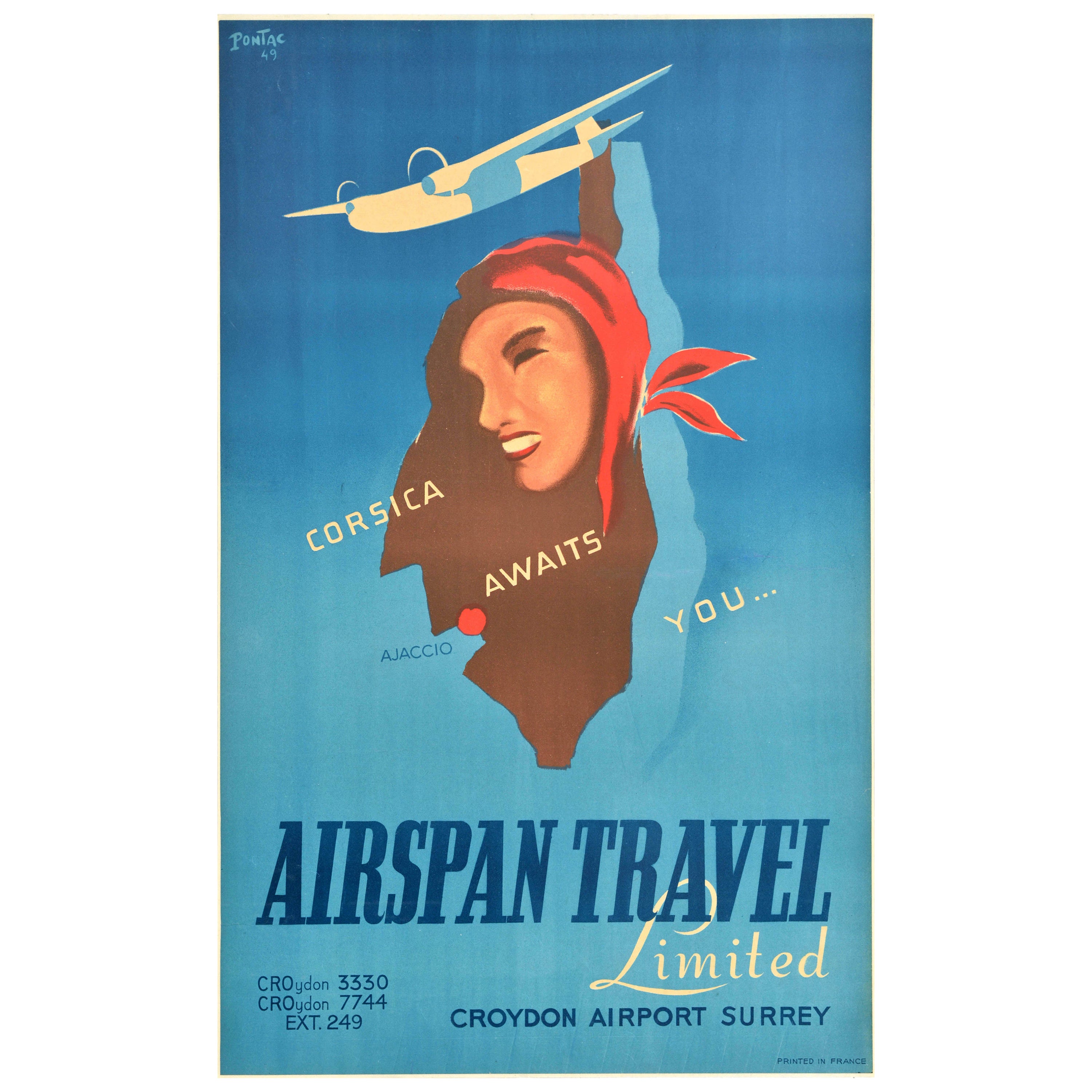 Original-Vintage-Reise-Werbeplakat Airspan, Reisen Corsica, „Awaits You“