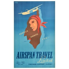 Original Vintage Travel Advertising Poster Airspan Travel Corsica Awaits You