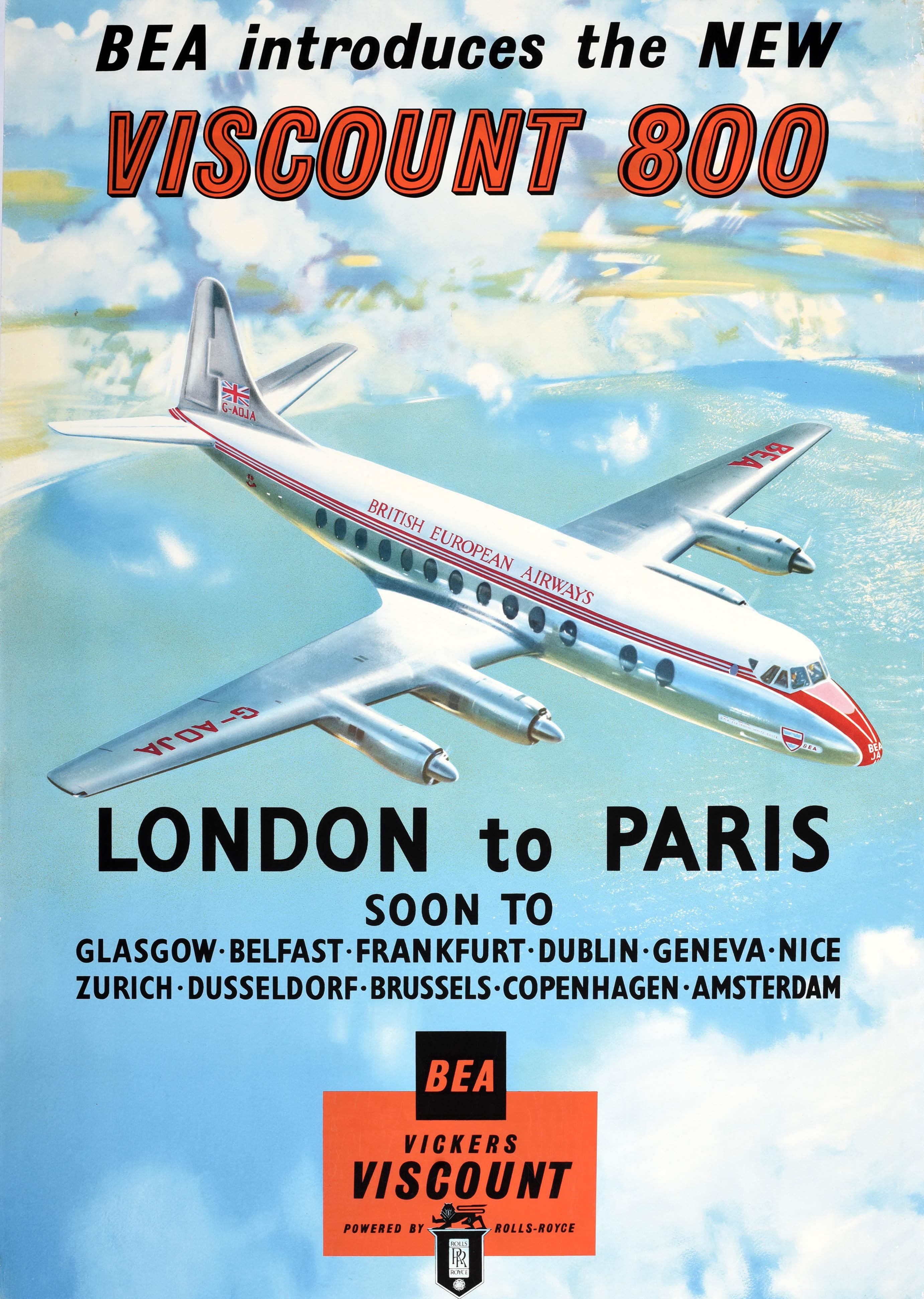 Original vintage travel advertising poster for British European Airline - BEA introduces the New Viscount 800 London to Paris soon to Glasgow Belfast Frankfurt Dublin Geneva Nice Zurich Dusseldorf Brussels Copenhagen Amsterdam Cickers Viscount