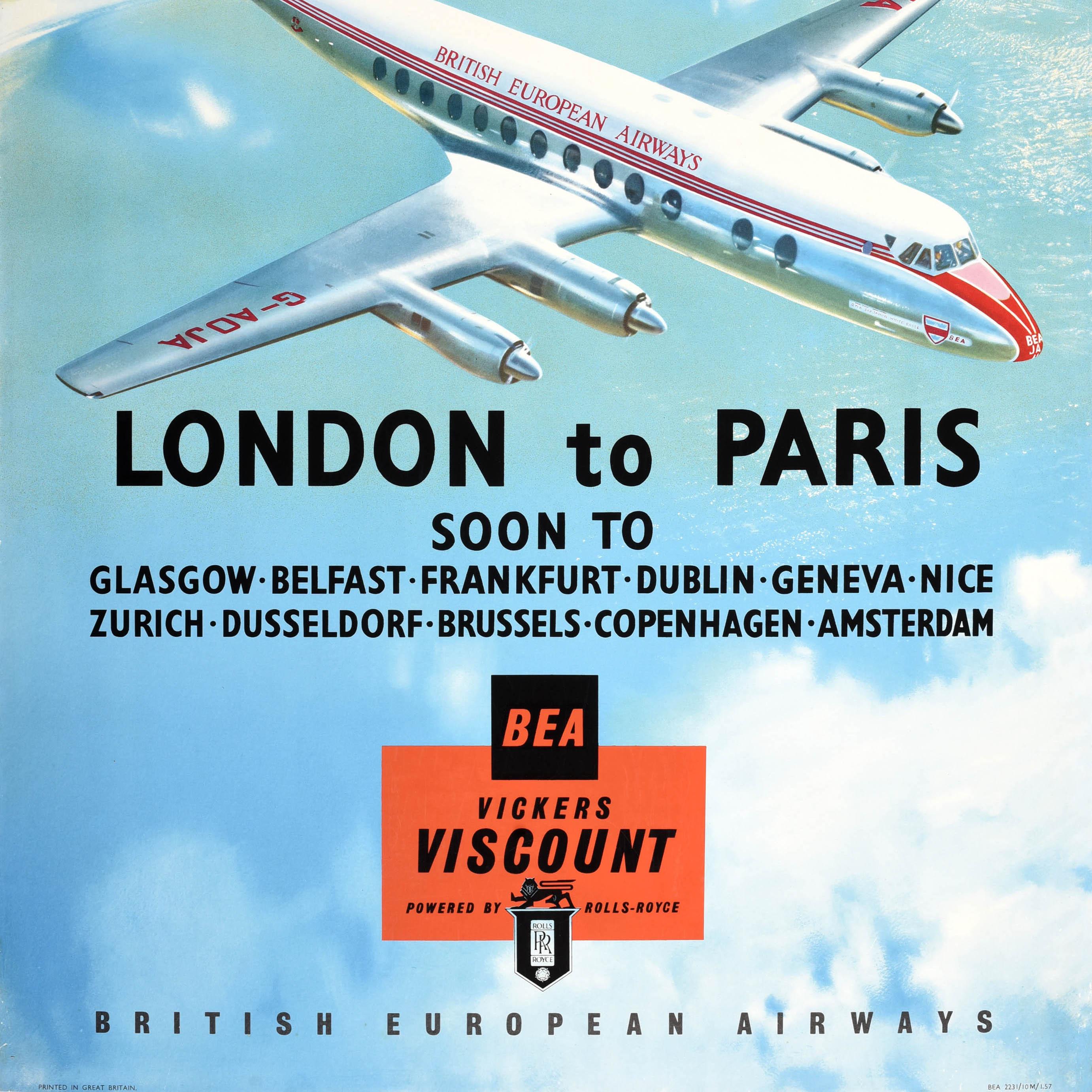 Original Vintage Travel Advertising Poster BEA Airline Vickers Viscount 800 im Zustand „Gut“ im Angebot in London, GB