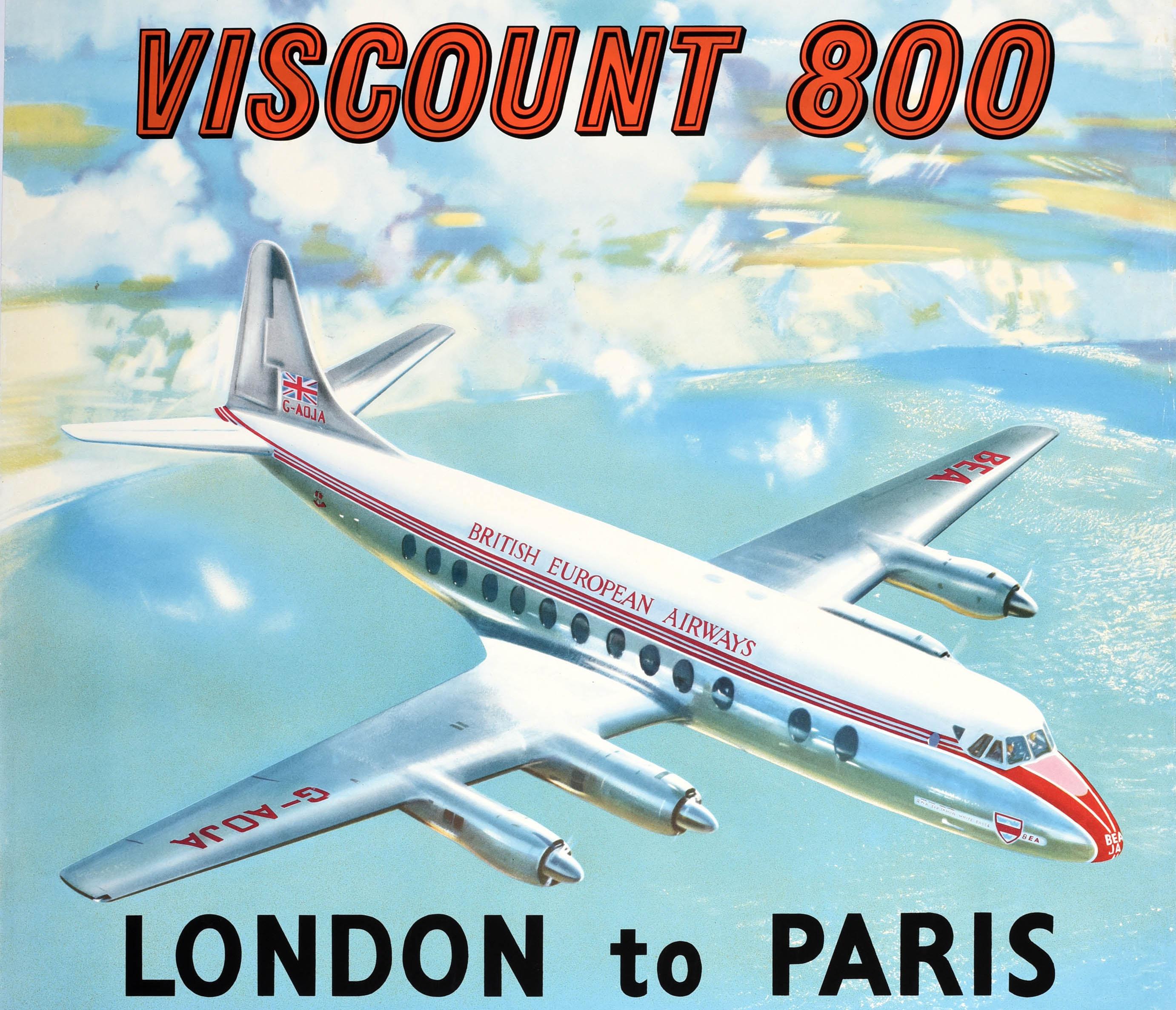 Original Vintage Travel Advertising Poster BEA Airline Vickers Viscount 800 (Mitte des 20. Jahrhunderts) im Angebot
