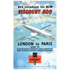 Original Vintage Travel Advertising Poster BEA Airline Vickers Viscount 800