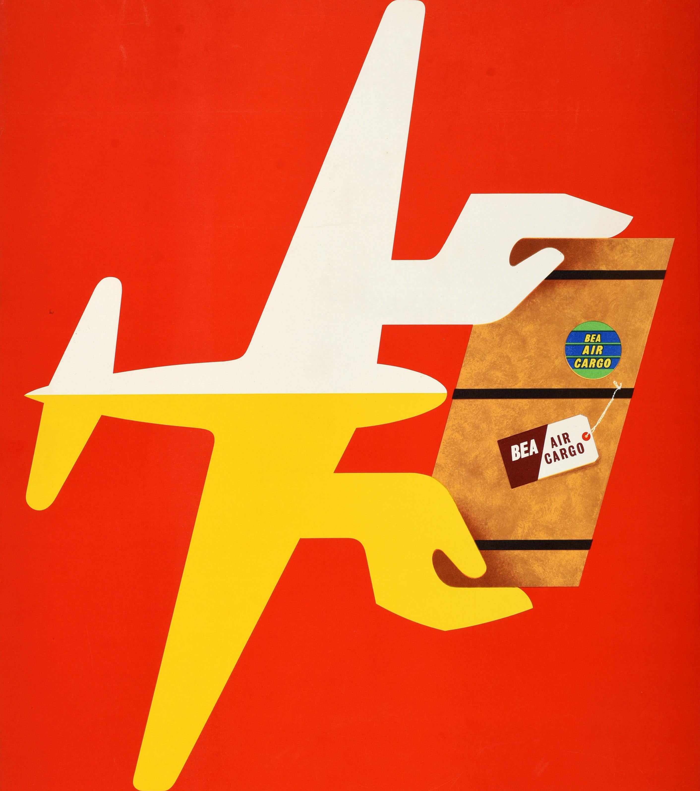 Affiche publicitaire originale du milieu du siècle dernier pour British European Airways - Fly Freight BEA - avec des illustrations colorées du célèbre graphiste britannique Abram Games (Abraham Gamse ; 1914-1996) représentant un avion stylisé blanc