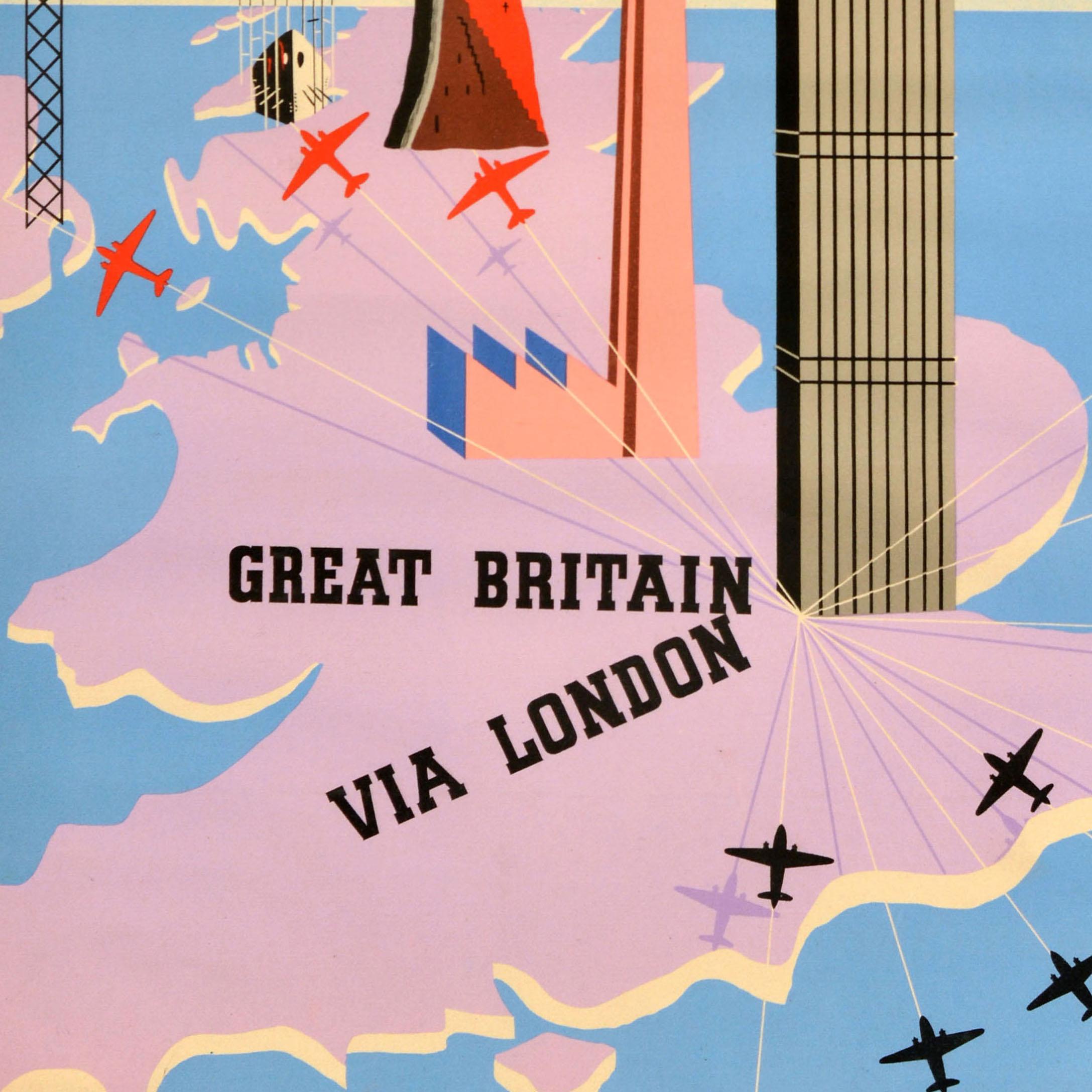 Original vintage mid-century design travel advertising poster for British European Airways - BEA Great Britain via London - featuring a map of Britain with images of various historic and notable landmarks including the Big Ben clock tower, a factory