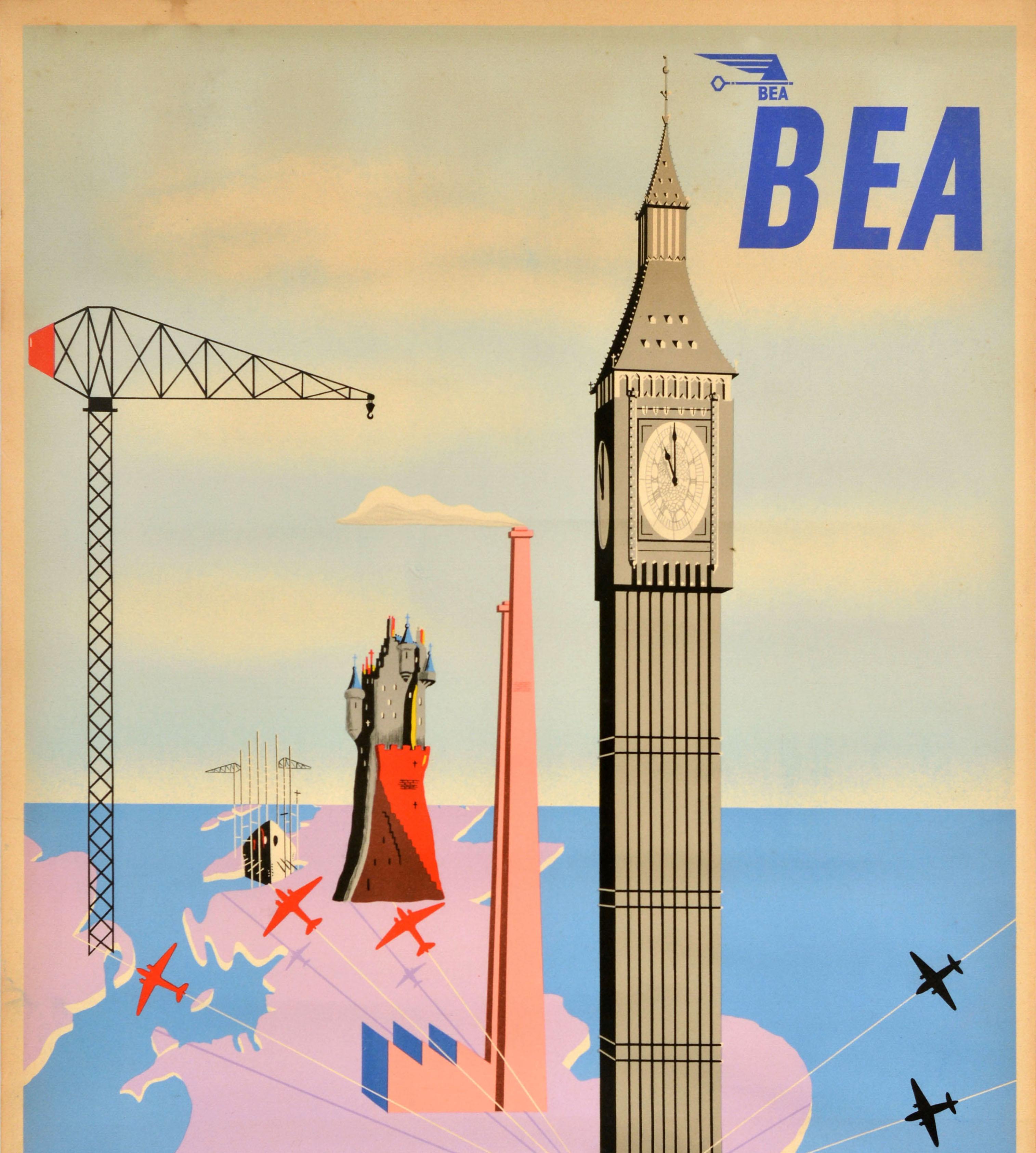 British Original Vintage Travel Advertising Poster BEA Great Britain Via London Lewis For Sale